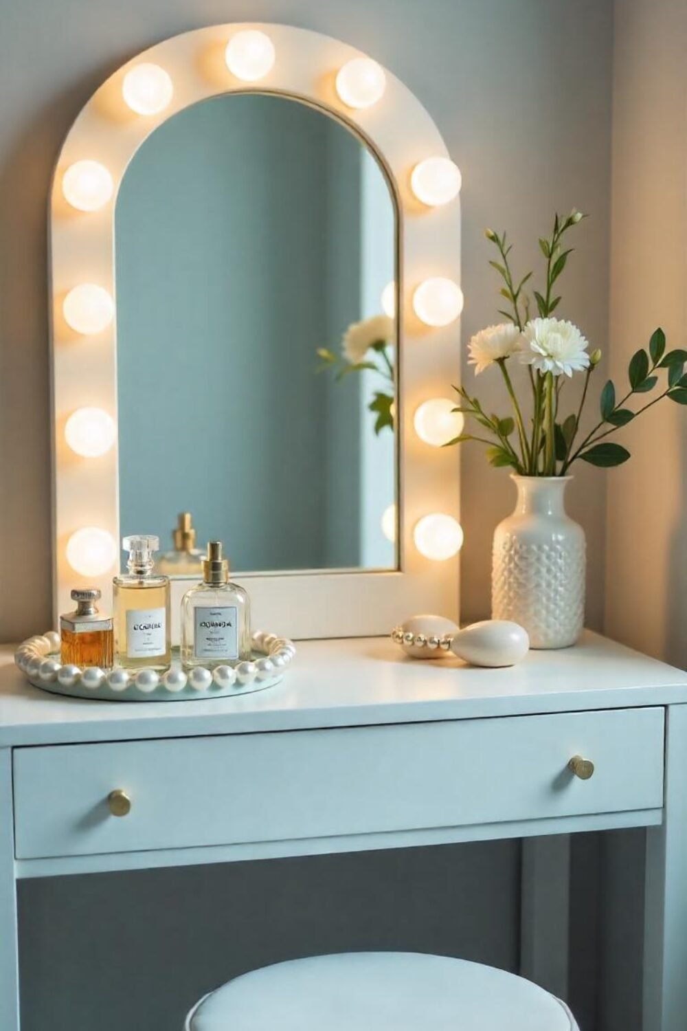 Your Pearlcore vanity setup could be straight out of a vintage Hollywood dressing room. A pearl-framed mirror with soft globe lights casts a flattering glow. On the tabletop, a glass tray with pearl accents holds luxurious perfume bottles and pearl-encrusted hair accessories. A velvet stool in a soft pastel hue completes the look, making your vanity feel like a dreamy escape.