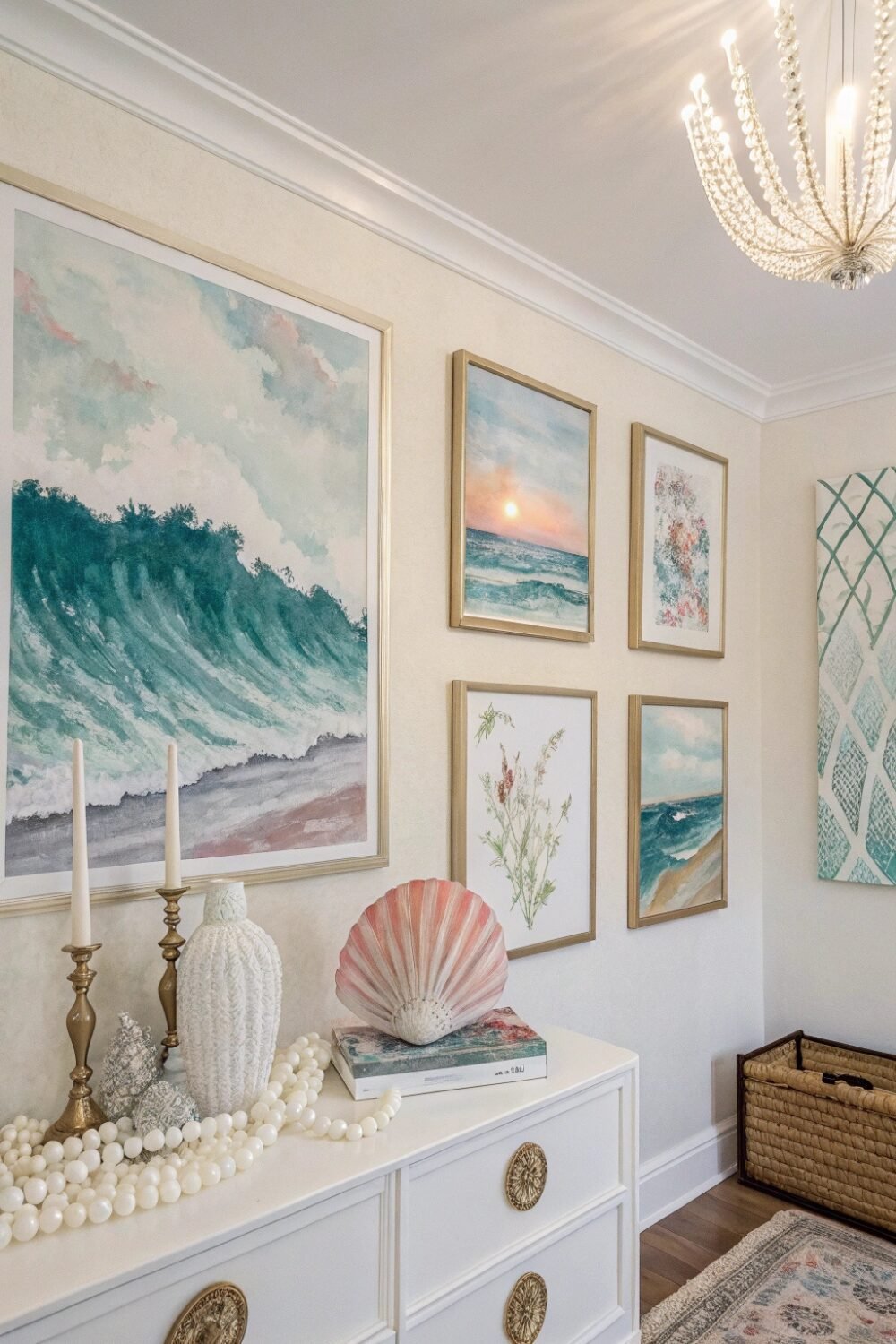 Your walls are adorned with soft, watercolor paintings of ocean waves, abstract pearl-inspired artwork, and vintage Vogue prints with an iridescent glow. Each piece adds depth and a personal touch, bringing your Pearlcore vision to life. A statement wall piece featuring cascading pearl beads or shimmering shells ties the whole aesthetic together.