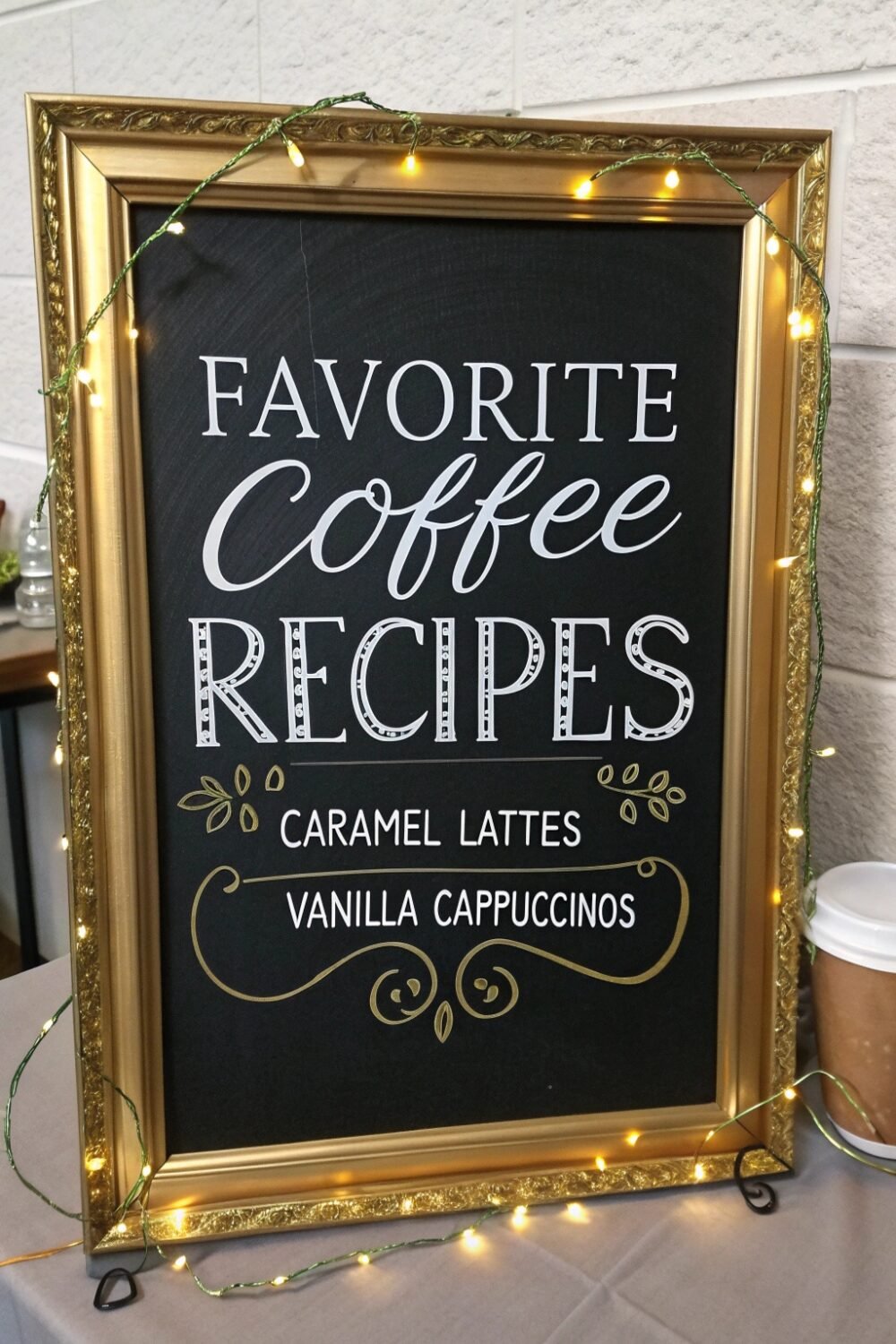 A gold-framed chalkboard menu lists your favorite coffee recipes in elegant script. Whether it’s caramel lattes or vanilla cappuccinos, the custom menu adds a high-end coffee shop touch to your home café.