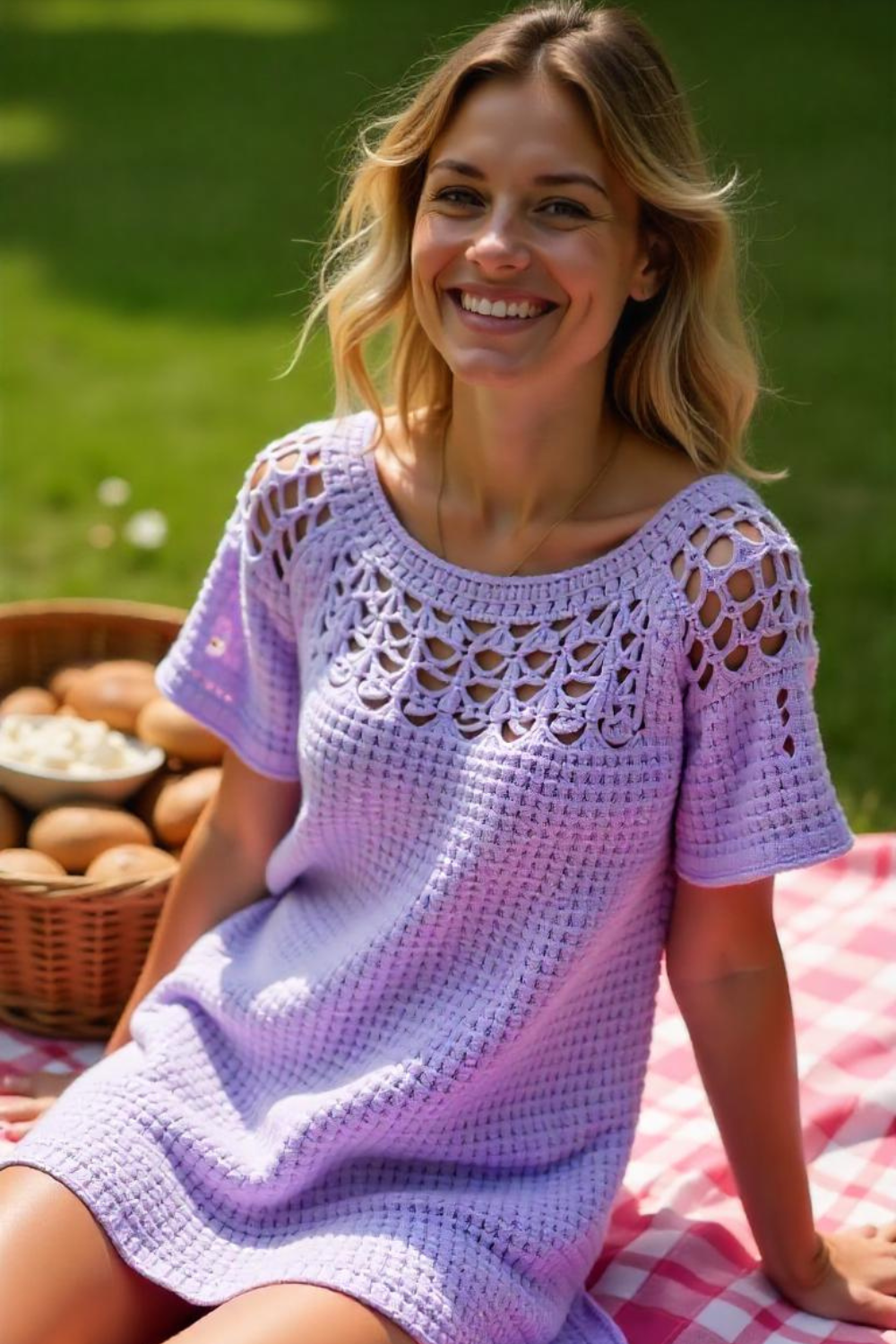 You're lounging on a checkered blanket, surrounded by friends and a spread of delicious snacks. Your oversized crochet tee in soft lavender provides just enough coverage from the occasional cloud passing over the sun. The combination of solid and open stitches creates a gingham-inspired pattern that perfectly matches your picnic aesthetic.