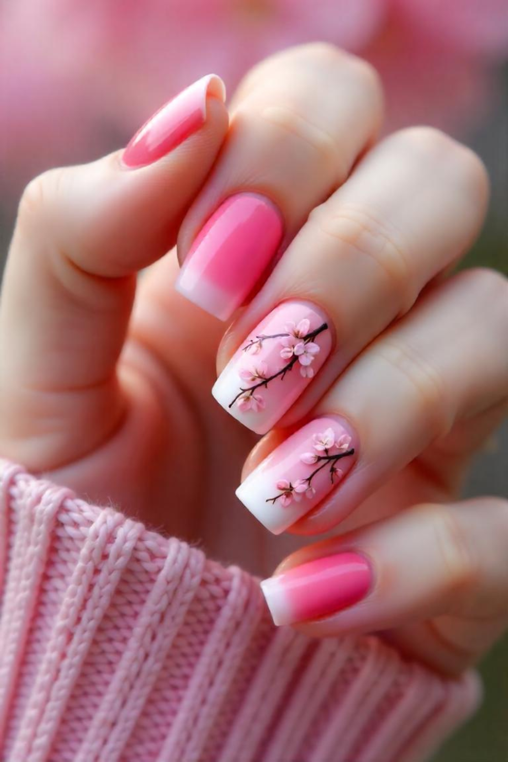 A set of pink ombre nails transitioning from soft blush to a deeper rose pink, featuring delicate cherry blossom designs on two accent nails. The floral details include tiny pink petals and subtle brown branches for an authentic springtime feel. The background features pink cherry blossoms in full bloom.