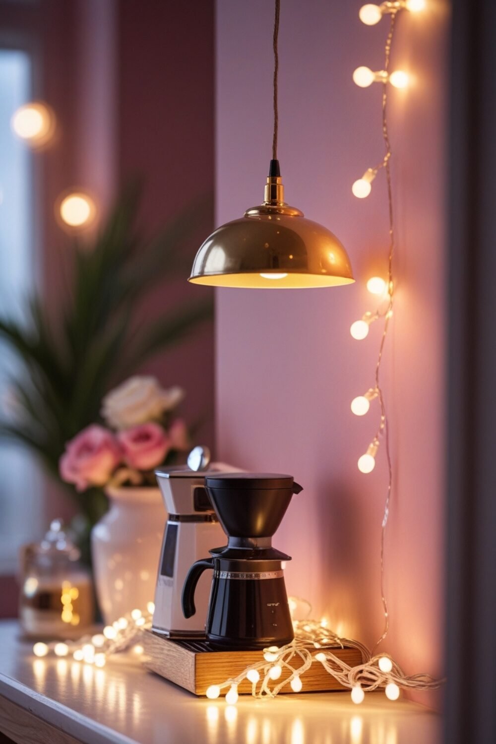 A small gold pendant light hangs above the coffee station, casting a soft, warm glow that enhances the elegant, cozy atmosphere. Nearby, twinkling fairy lights add an extra touch of charm.