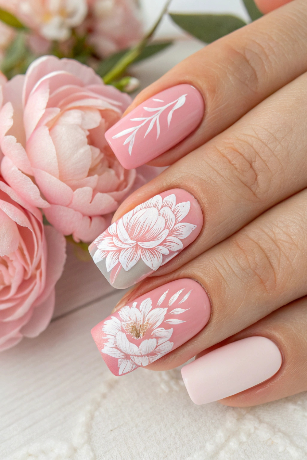 A sheer pink or peach base with large, soft pink peony designs hand-painted on an accent nail. Subtle white detailing on the petals makes them look full and lifelike.
