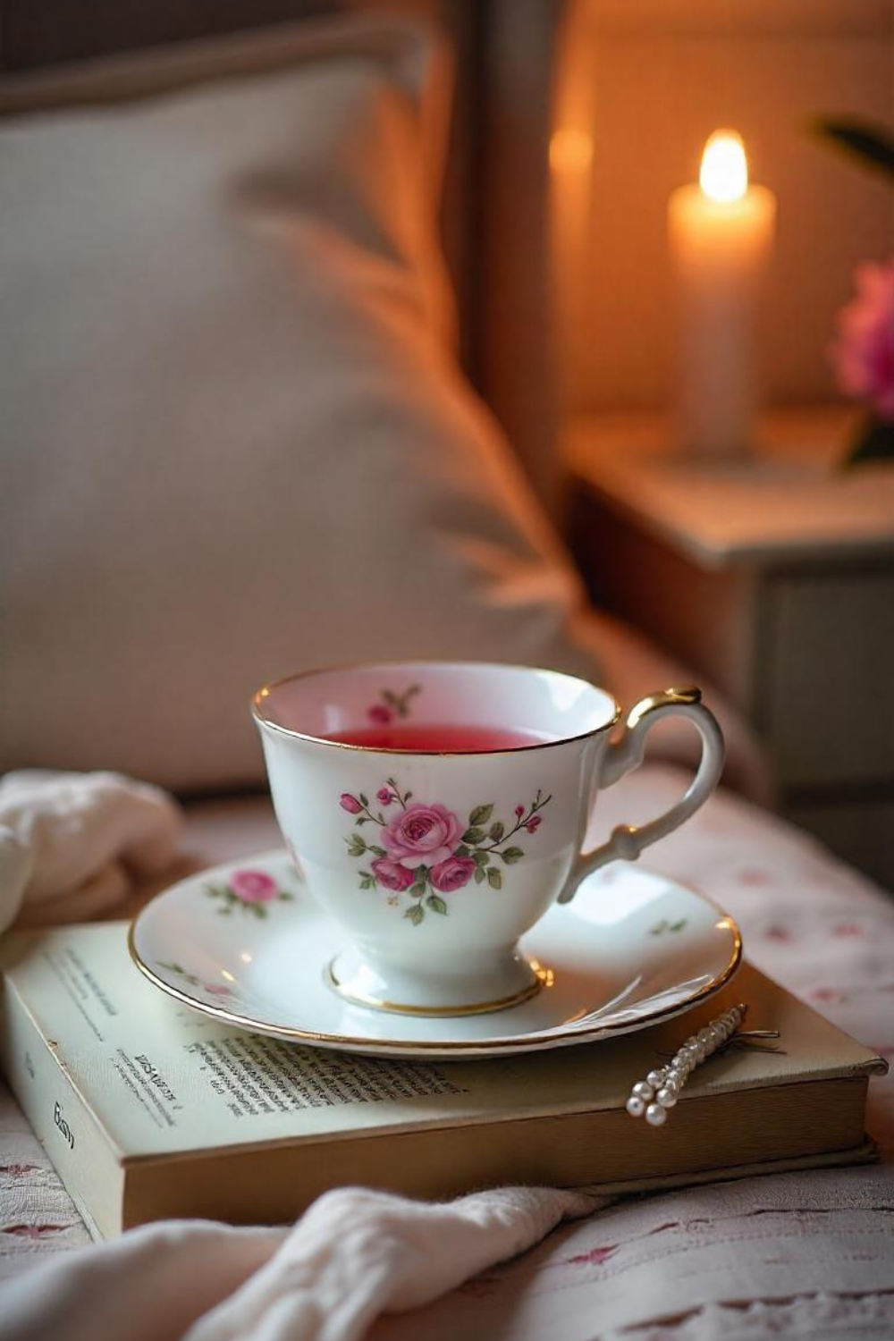 A dainty tea set with pink roses sits atop a lace-covered nightstand. A vintage book and pearl hairpin rest nearby, while a soft candle flickers in the background.