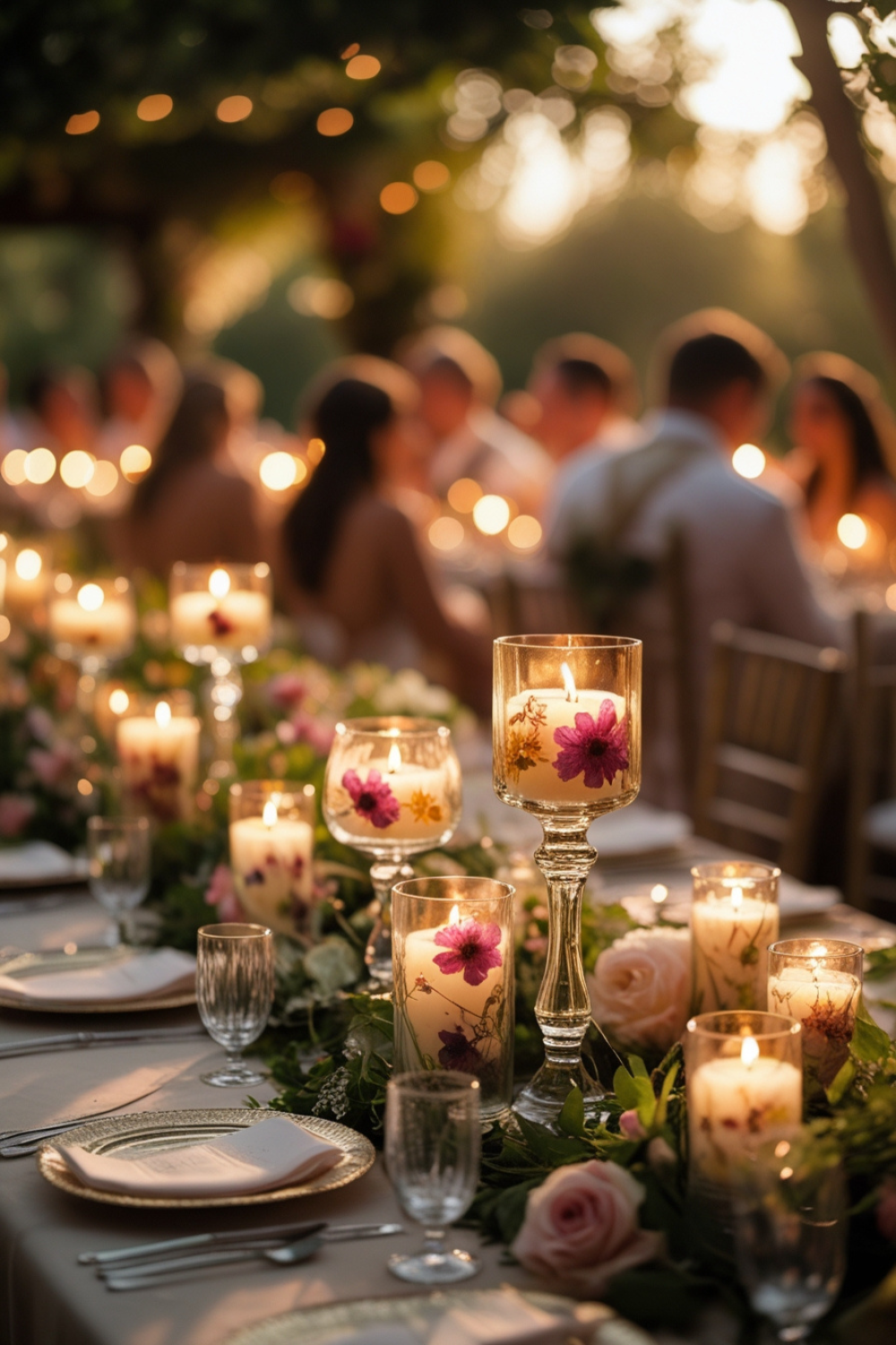 Soft candlelight flickers through pressed flower candles placed on reception tables, creating an intimate, garden-like ambiance.