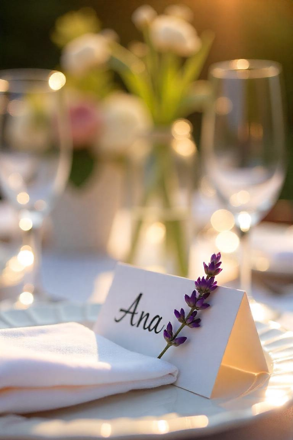 Guests find their seats with personalized name cards, each featuring a different pressed flower, making for a stunning keepsake.