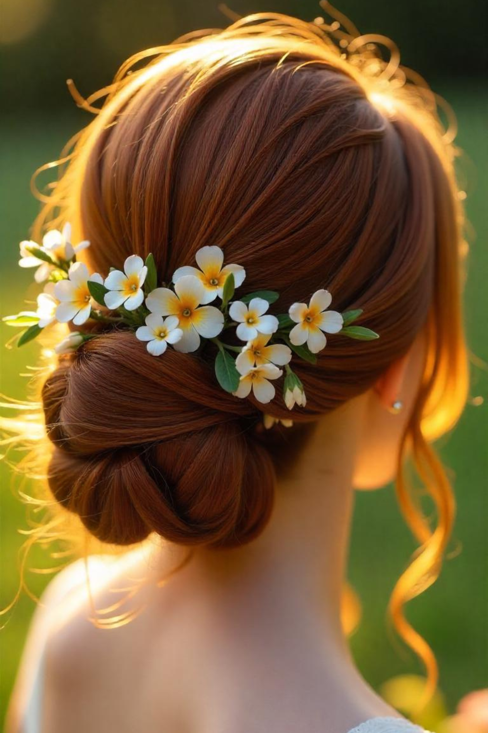 Tiny pressed flowers woven into your wedding hairstyle, creating a fairy-tale-worthy bridal look