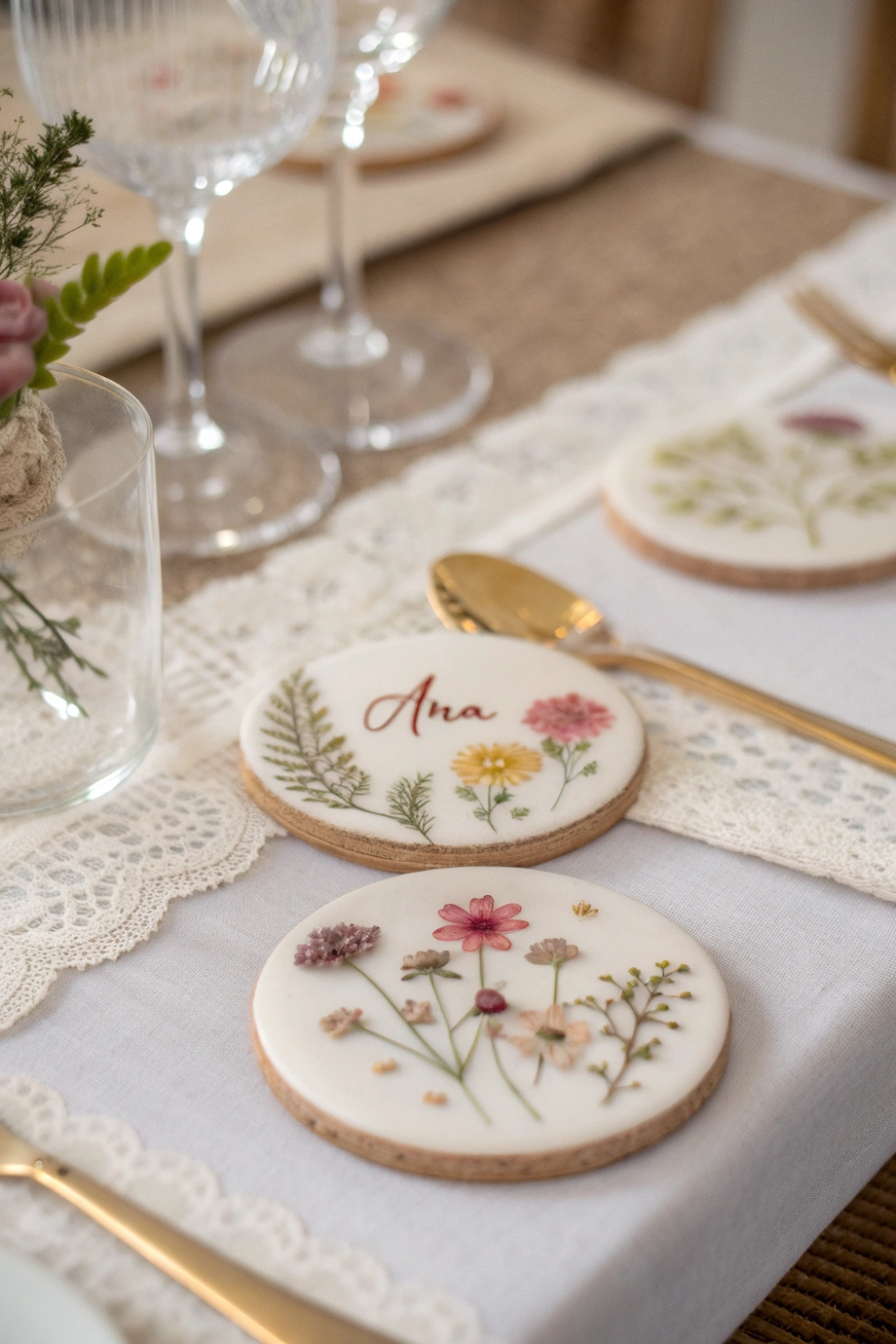 Delicate pressed flower bookmarks or coasters, a beautiful reminder of your special day.