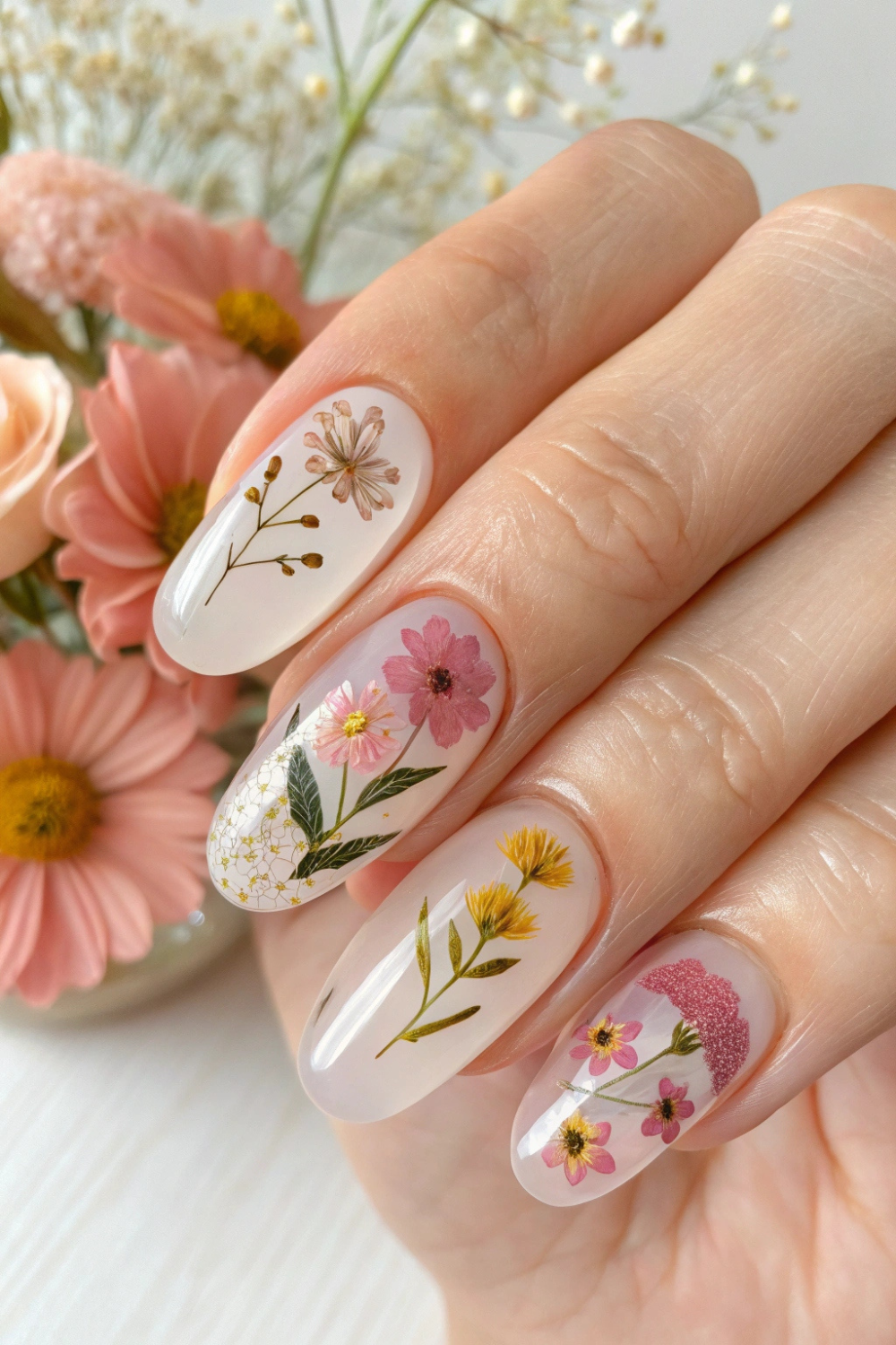 A unique pressed flower manicure, where real dried flowers are embedded into clear gel nails for a stunning, nature-inspired effect. The background includes a delicate floral arrangement in soft pink and peach tones.