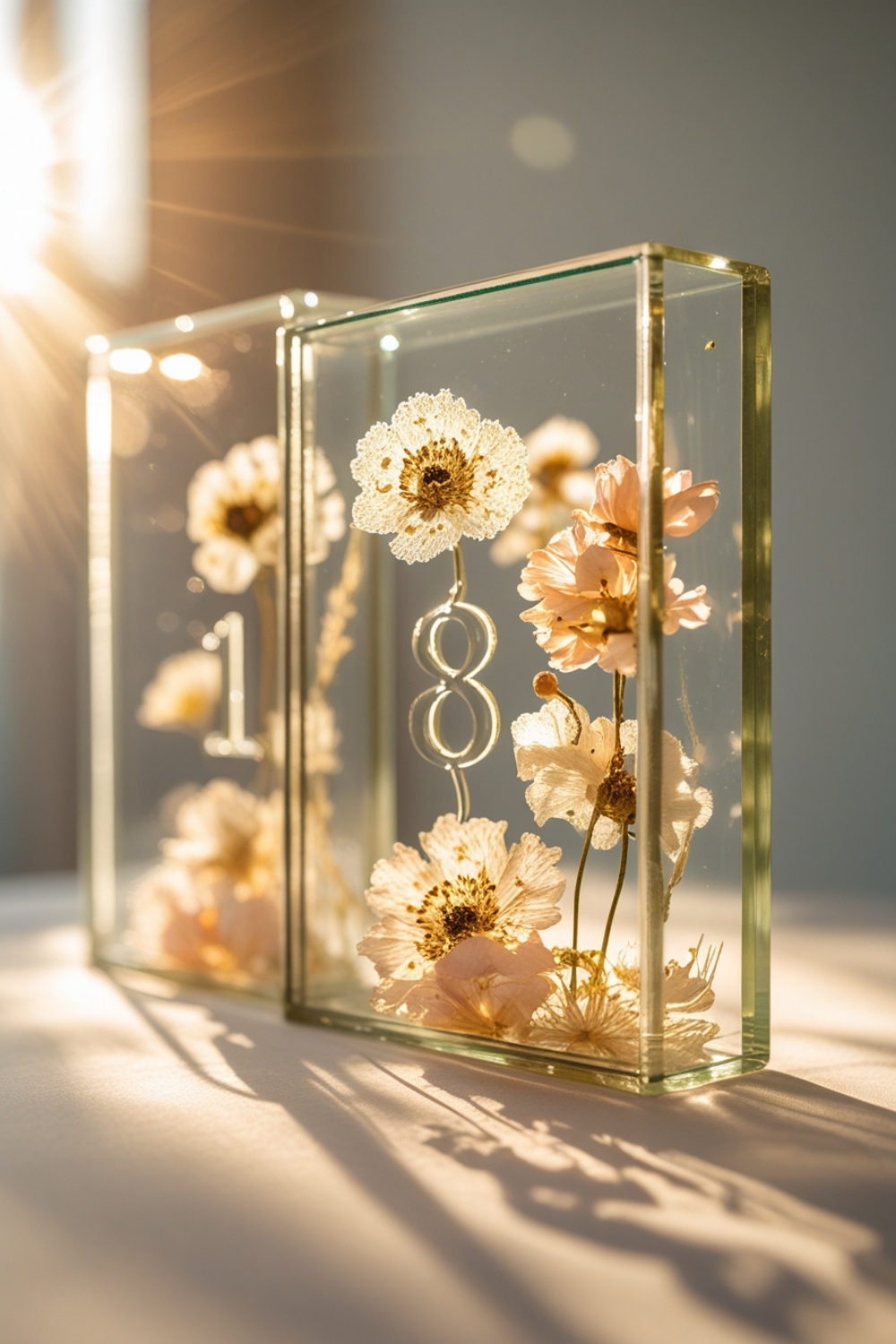 Elegant glass-framed table numbers with real pressed flowers inside, catching the sunlight and creating a delicate floral glow.
