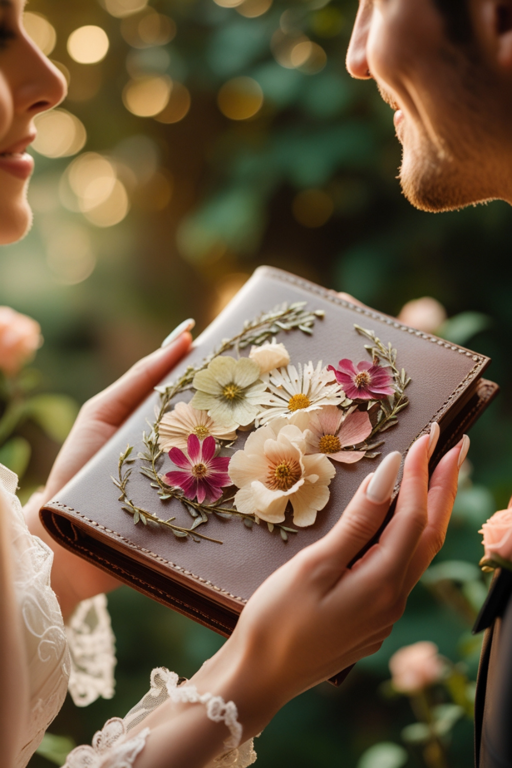 A dainty vow book, covered in elegant pressed blooms, held in your hands as you exchange heartfelt words with your forever person.