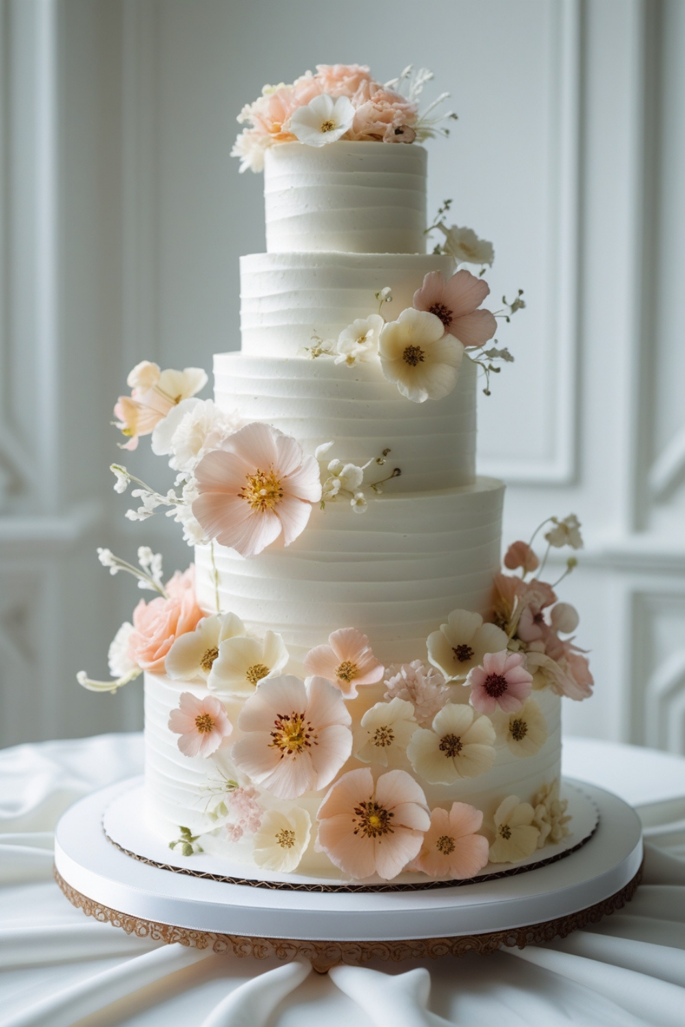 A white buttercream wedding cake adorned with real, edible pressed flowers — delicate and effortlessly elegant.