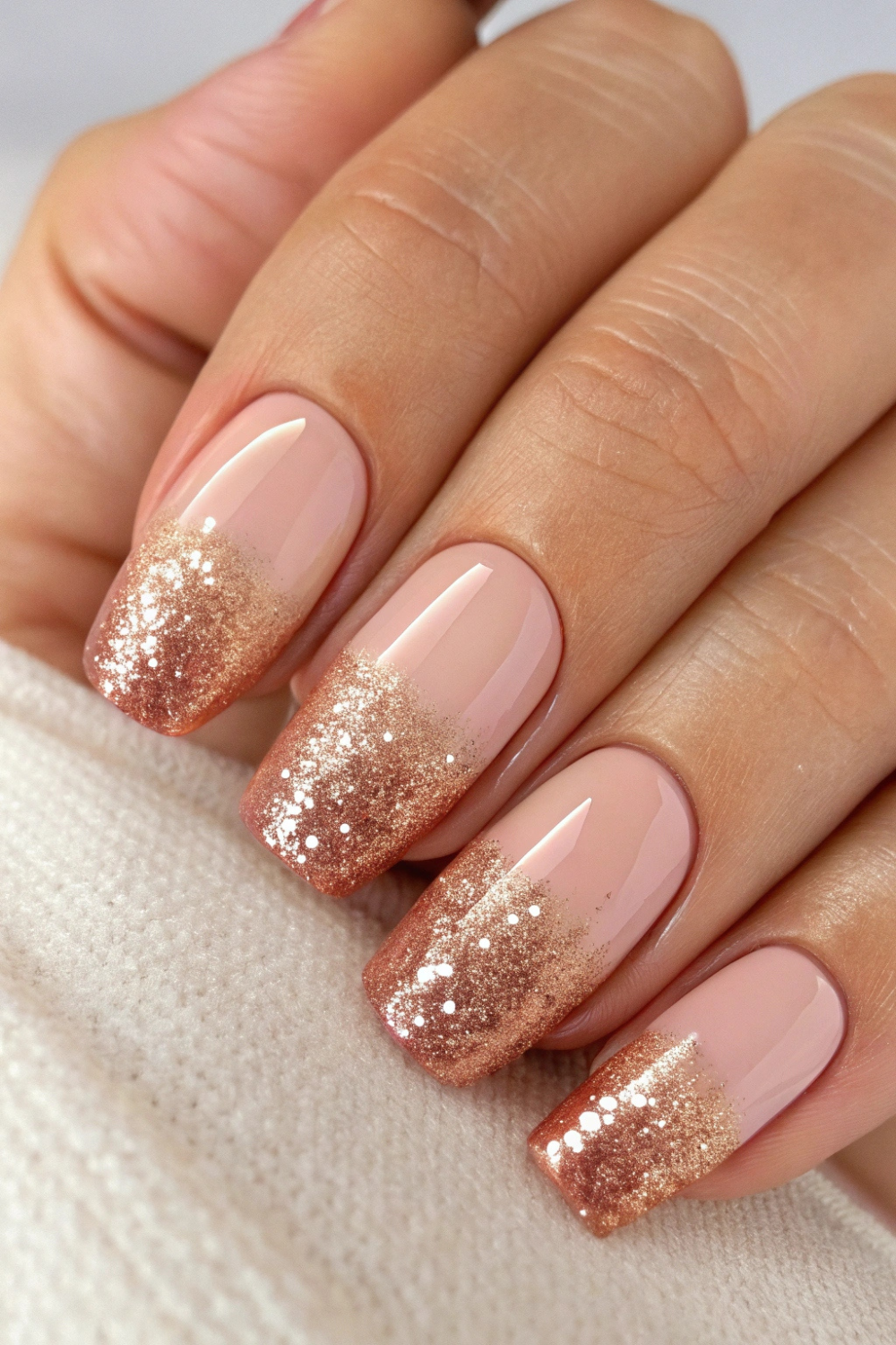 A glam take on spring ombre nails—subtle nude blending into a soft rose gold shimmer.