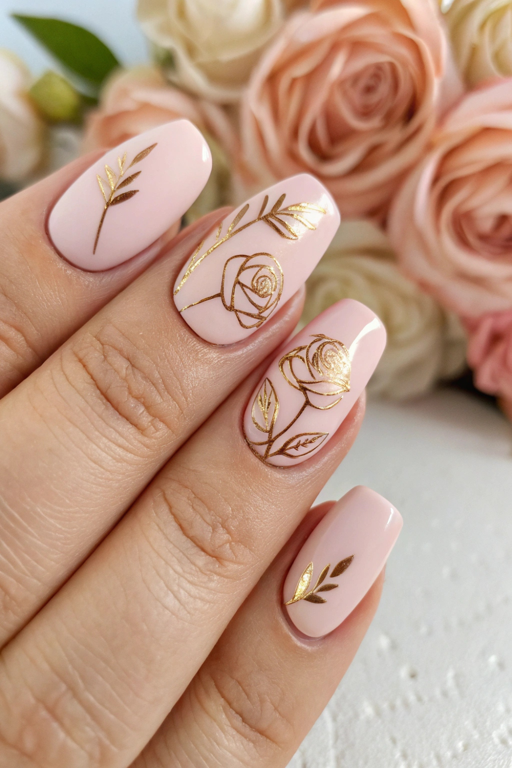 A muted blush pink base with rose gold foil arranged in a petal-like design. Some nails have a single, thin gold outline of a flower, keeping the look chic and minimal.