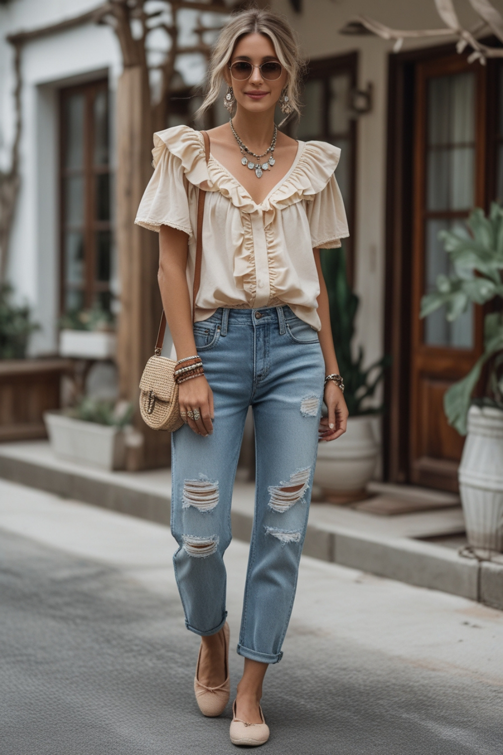 Ruffled Blouse & Distressed Denim for a shabby chic look