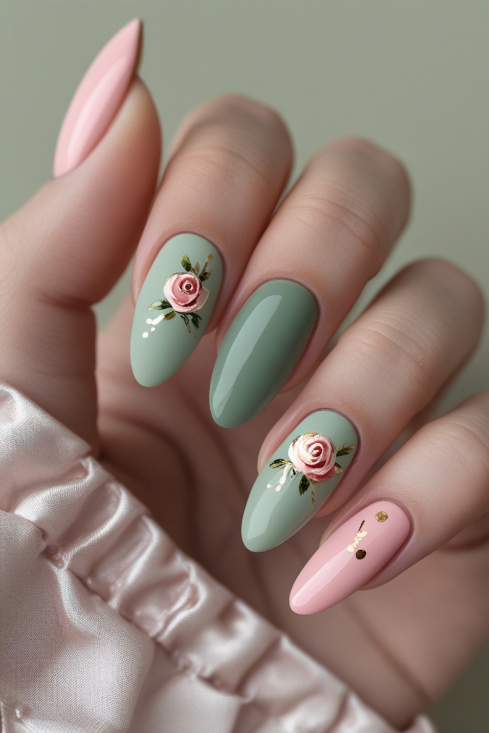 sage green and blush roses spring nails