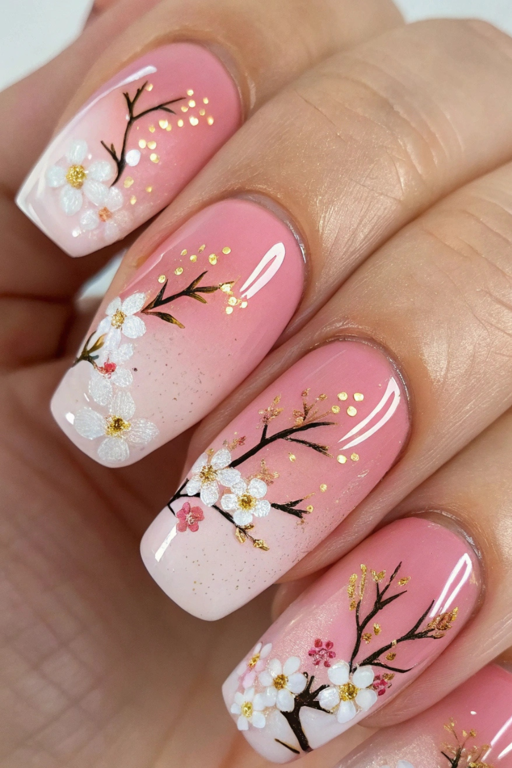 A sheer pink ombré base with delicate cherry blossom branches painted in soft white and pink. Tiny gold foil accents mimic the first rays of spring sunlight hitting the petals.
