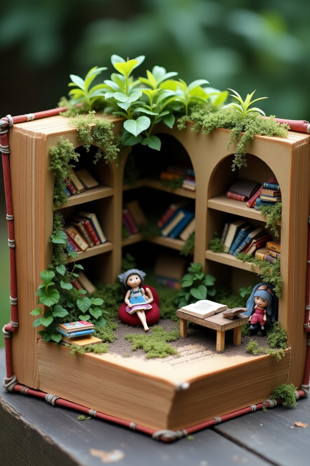 A fairy library tucked inside a weathered vintage book, where the pages have been transformed into terraced gardens and reading nooks. Tiny bookshelves line the "walls" of the open book, filled with minuscule tomes made from folded paper. A fairy librarian's desk sits prominently in one corner, complete with a quill pen and ink pot the size of a pinhead. Leafy plants cascade from higher terraces, creating living curtains around reading alcoves where fairy figures lounge on tiny cushions, lost in stories smaller than your fingertip.