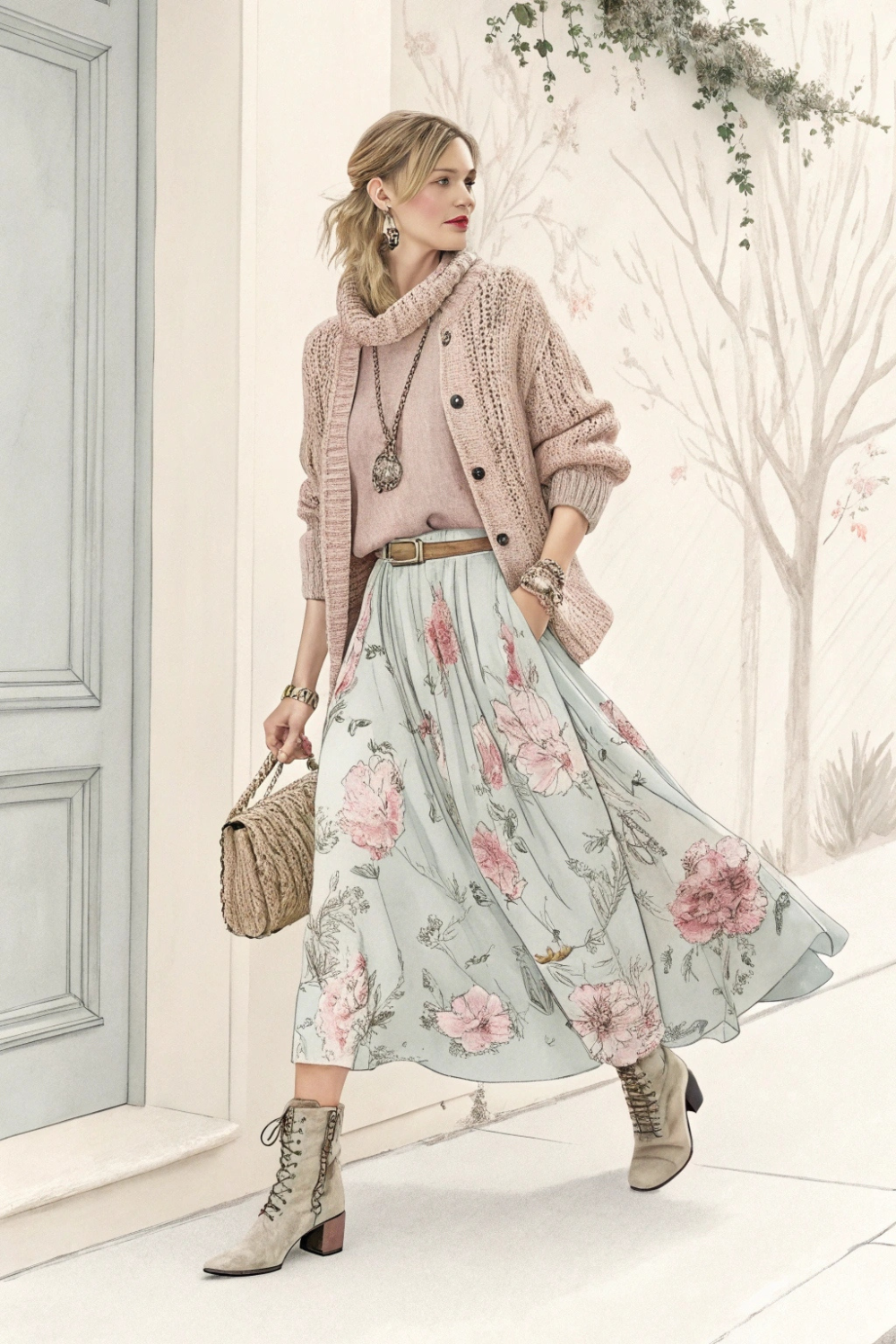 Vintage-Inspired Midi Skirt & Knit Sweater
