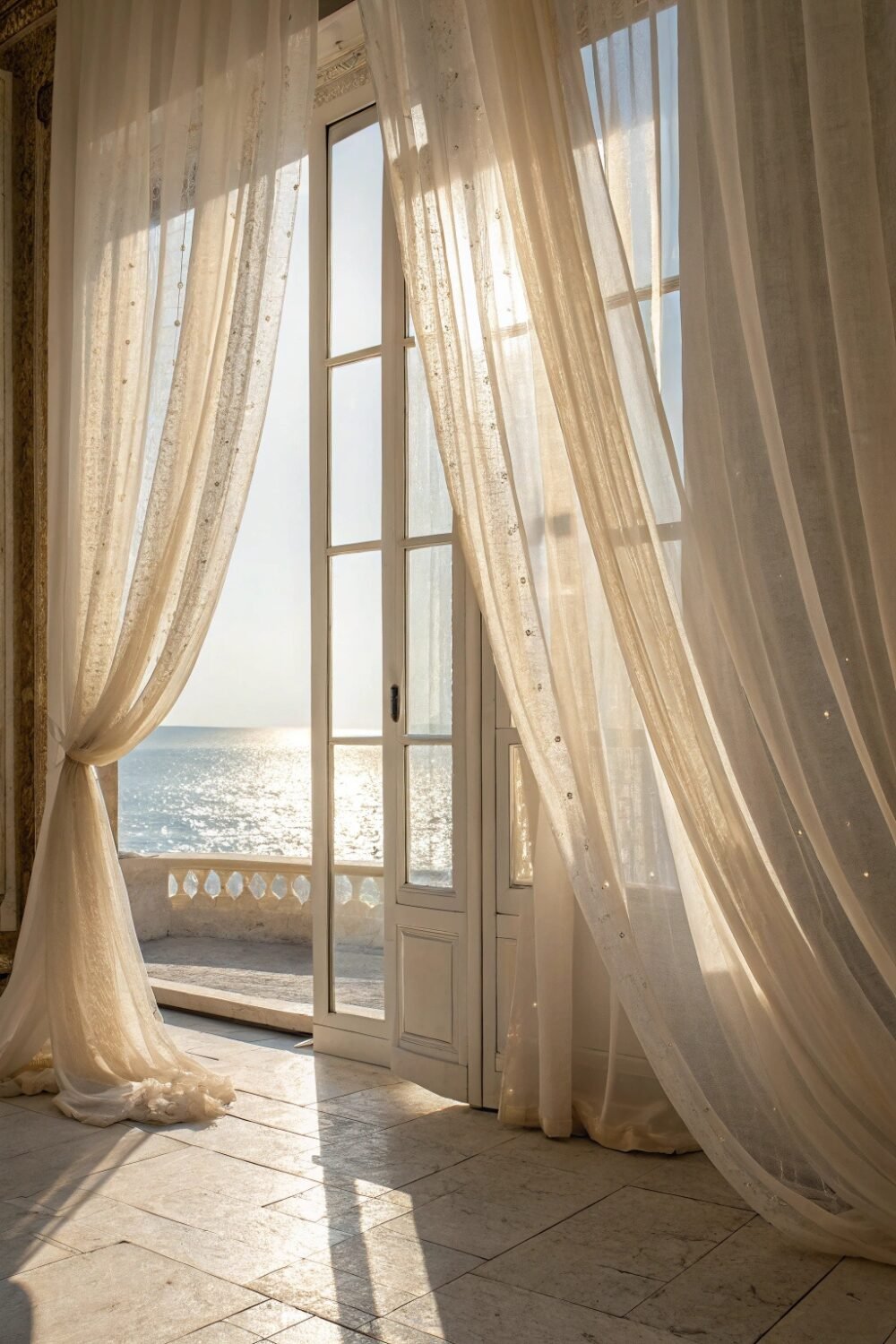 The sunlight filters through soft, sheer curtains, casting a gentle glow across the room. The curtains have a subtle pearl sheen, making the light dance across the fabric. They flow effortlessly with the breeze, adding movement and elegance to the space. The effect? A room that feels calm, airy, and almost weightless.