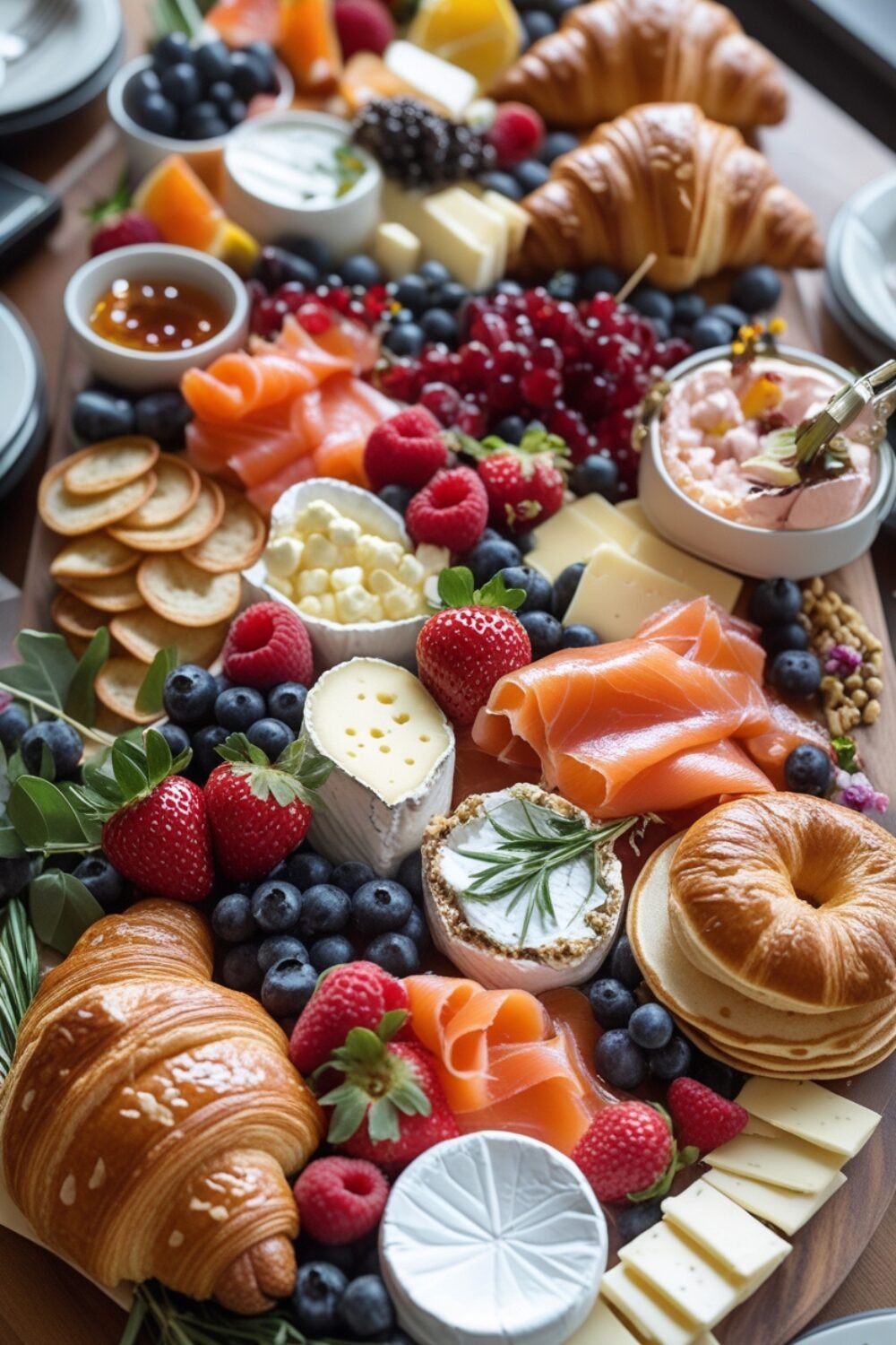 A beautifully arranged brunch grazing board overflowing with fluffy croissants, fresh fruit, creamy cheeses, smoked salmon, and mini pancakes. Guests can mix and match their favorites, creating a fun and interactive dining experience!