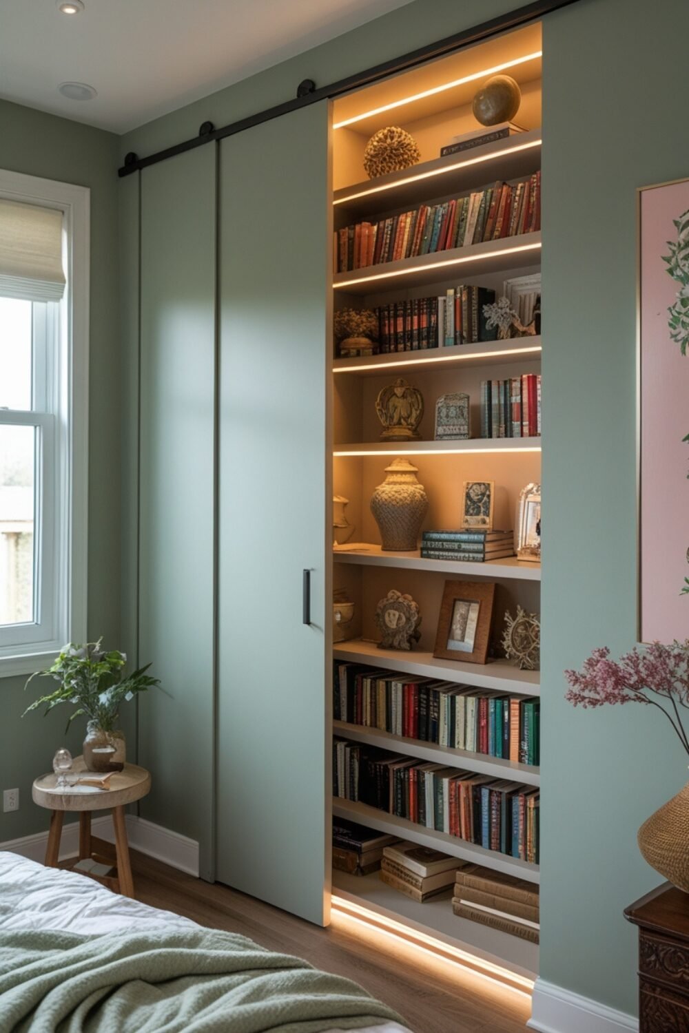 Create a hidden sliding panel that reveals a secret bookcase tucked inside. The hidden compartment is lined with your favorite books, vintage decor pieces, and warm lighting, making it a perfect tucked-away library.