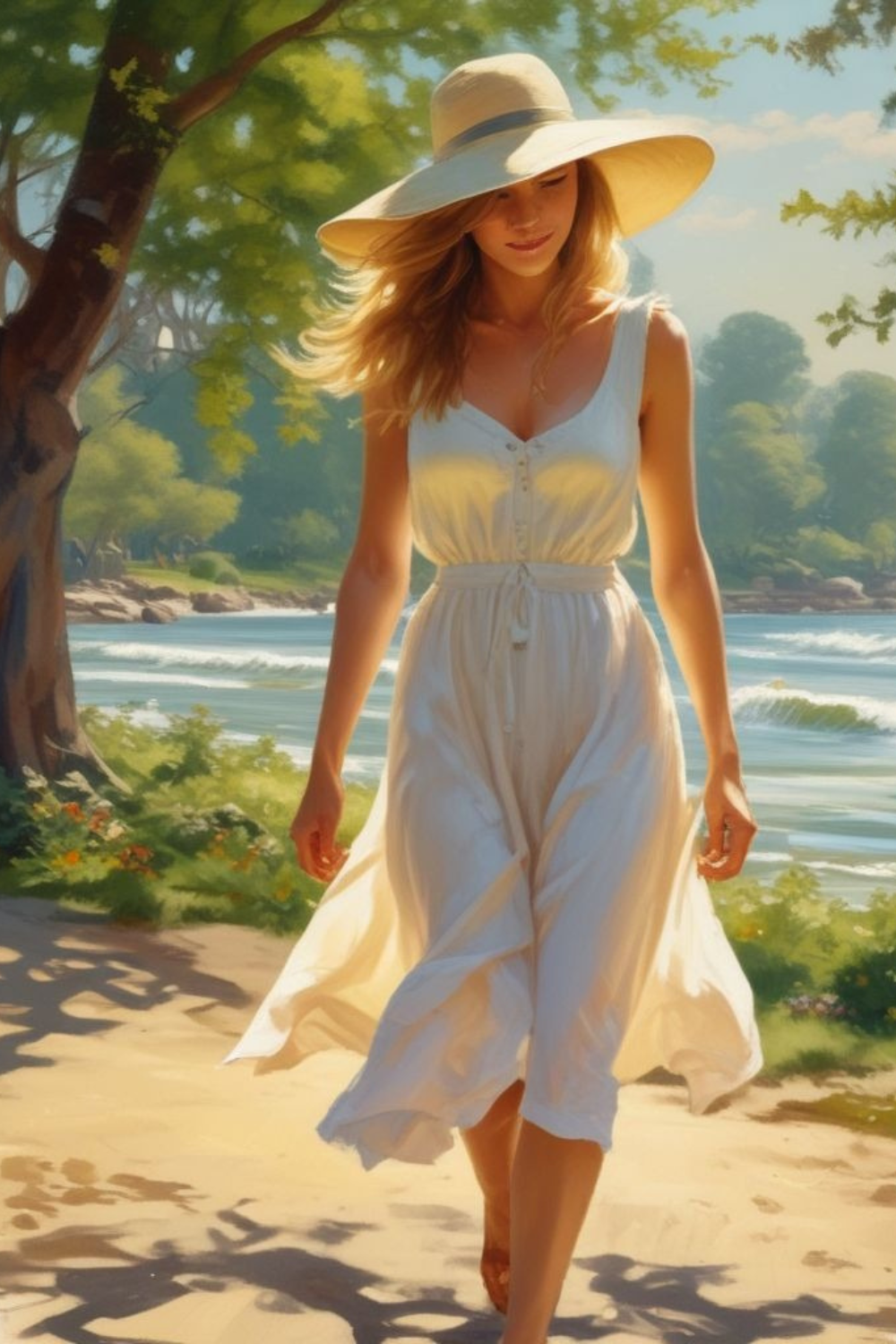 A golden-hour stroll in the park, a dainty smocked sundress hugging the waist, a straw sun hat shielding the eyes, and a gentle breeze playing with soft waves of hair.
