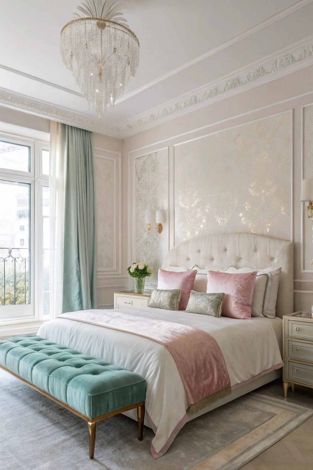 Your walls are painted in a soft, luminous ivory with a hint of a pearlescent sheen that reflects the morning light. Your bed is covered in silky white sheets with a subtle shimmer, layered with blush pink and champagne-hued throw pillows that add warmth. A seafoam green velvet bench sits at the foot of your bed, adding a touch of ocean-inspired elegance. The entire space glows with a soft, ethereal ambiance—light and airy, yet rich in texture.