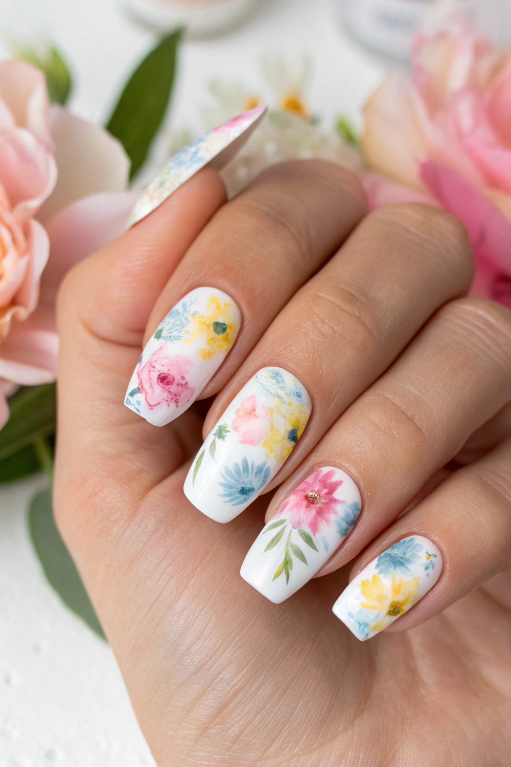 A soft watercolor floral effect blending pastel pinks, blues, and yellows on a white base. The nails have an artistic, hand-painted floral look with blurred edges for a delicate, dreamy aesthetic. The background features soft watercolor brush strokes and fresh petals.