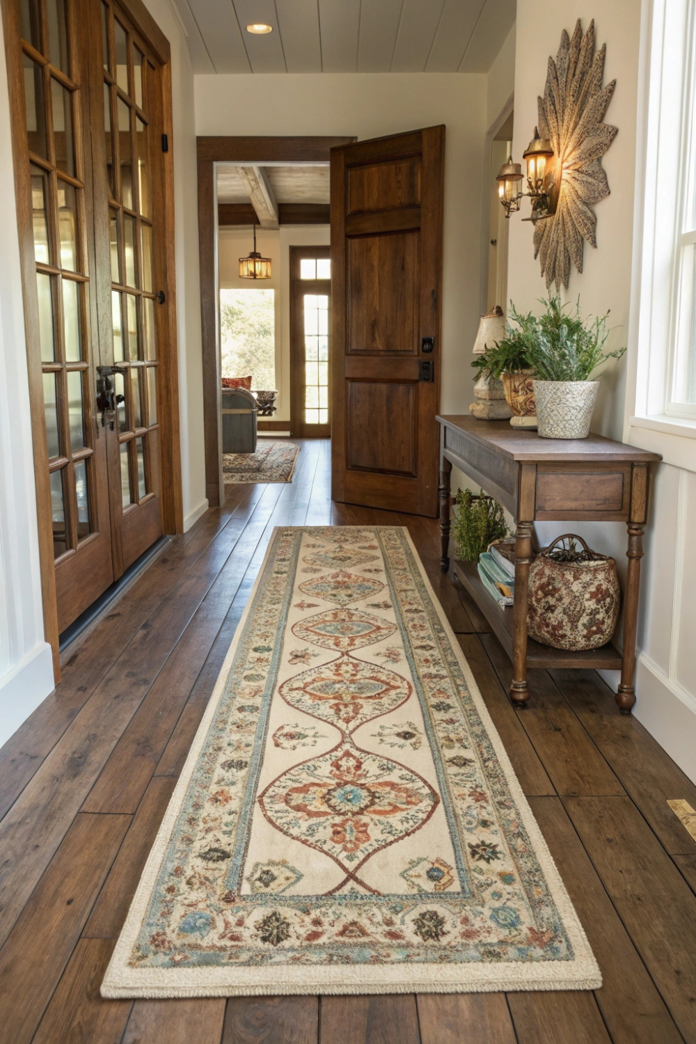 A beautifully patterned, vintage-style runner guiding guests from the front door into the home, adding warmth and personality to the space
