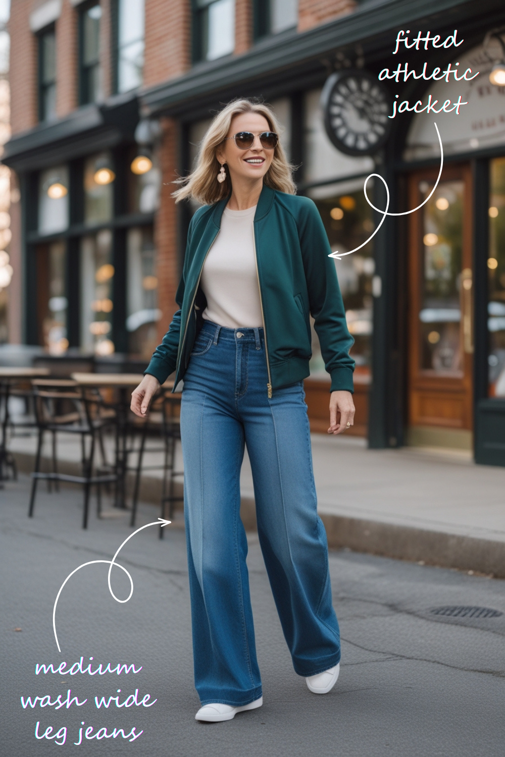 You're bouncing between errands and a casual lunch, looking put-together but ready for anything. Your wide-leg jeans bring structure, while your fitted athletic jacket adds that sporty element that feels so current. You're comfortable but still stylish – the holy grail of everyday dressing!