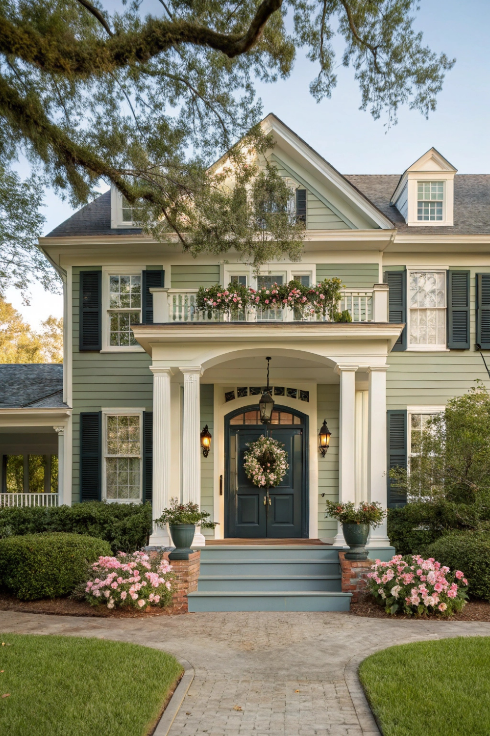 A classic Southern home with a grand, welcoming front door—painted in a rich, inviting color like deep navy, sage green, or a soft blush. A floral wreath, made with magnolias or cotton stems, adds a charming touch.