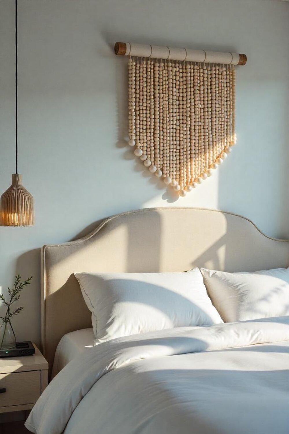Your bed isn’t just a place to sleep—it’s the crown jewel of your Pearlcore bedroom. The headboard is upholstered in soft, pearl-toned velvet, with a gently curved silhouette that mimics the organic shape of a seashell. Above it, a cascading pearl bead wall hanging catches the light, creating a soft shimmer. The entire setup feels elegant, cozy, and timeless.