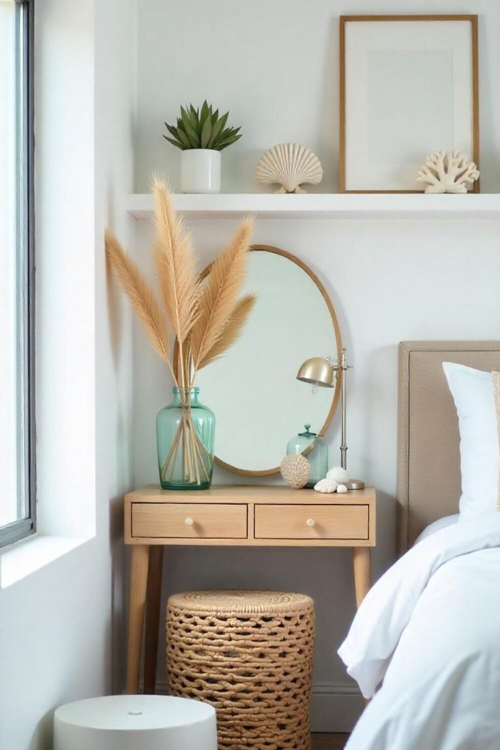On your vanity, a crystal-clear vase filled with dried sea fans and pampas grass adds an organic, oceanic vibe. A woven rattan stool sits near your bed, bringing warmth and texture to the space. On a floating shelf, a collection of pearlescent seashells, delicate coral decor, and minimalist coastal prints completes the look. The room doesn’t scream "beach house," but the subtle nods to the ocean make it feel like a seaside escape.