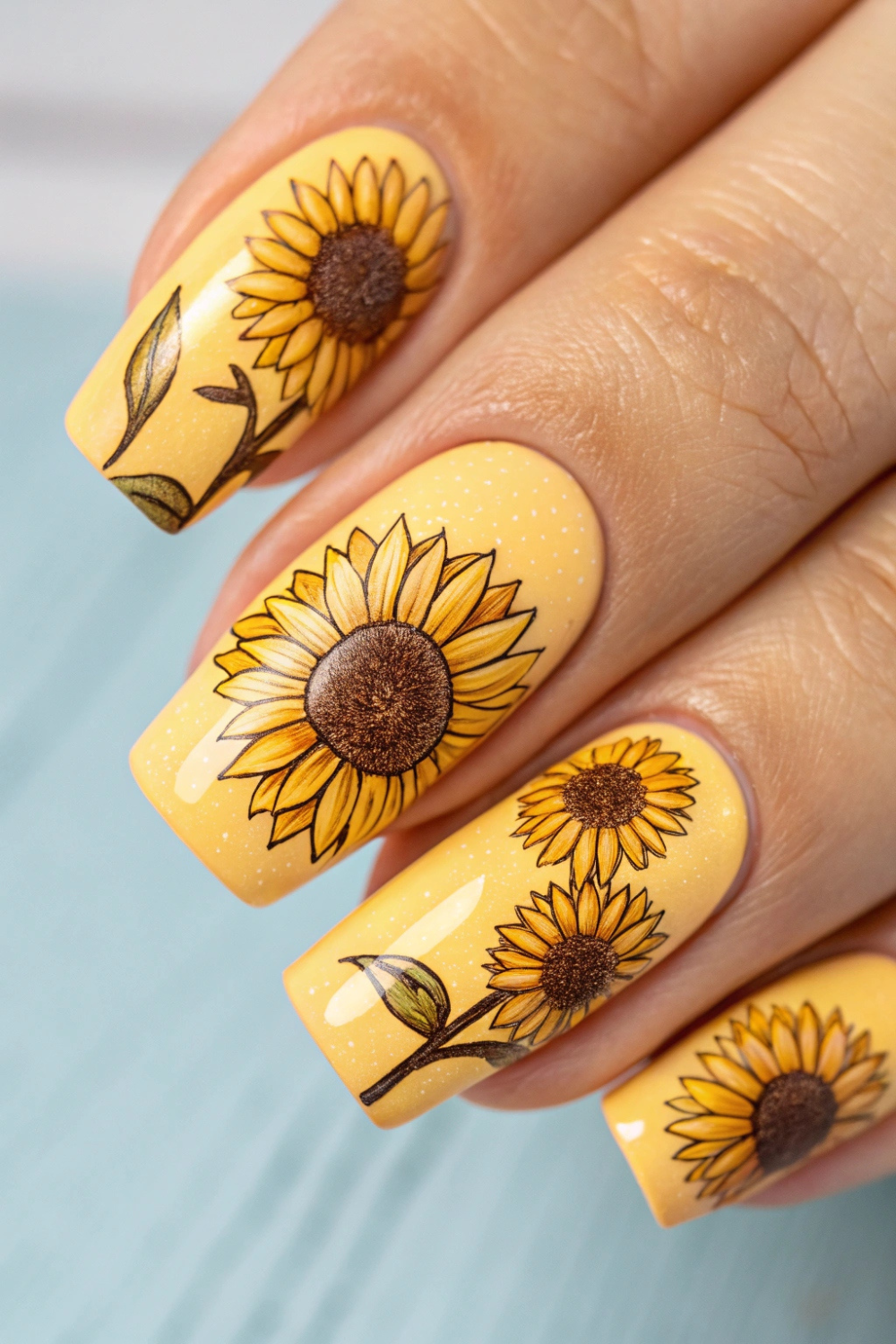 A warm, golden yellow base with hand-painted sunflower details. The center of each sunflower is speckled with a rich brown shade, making the flowers stand out against a pastel blue background.