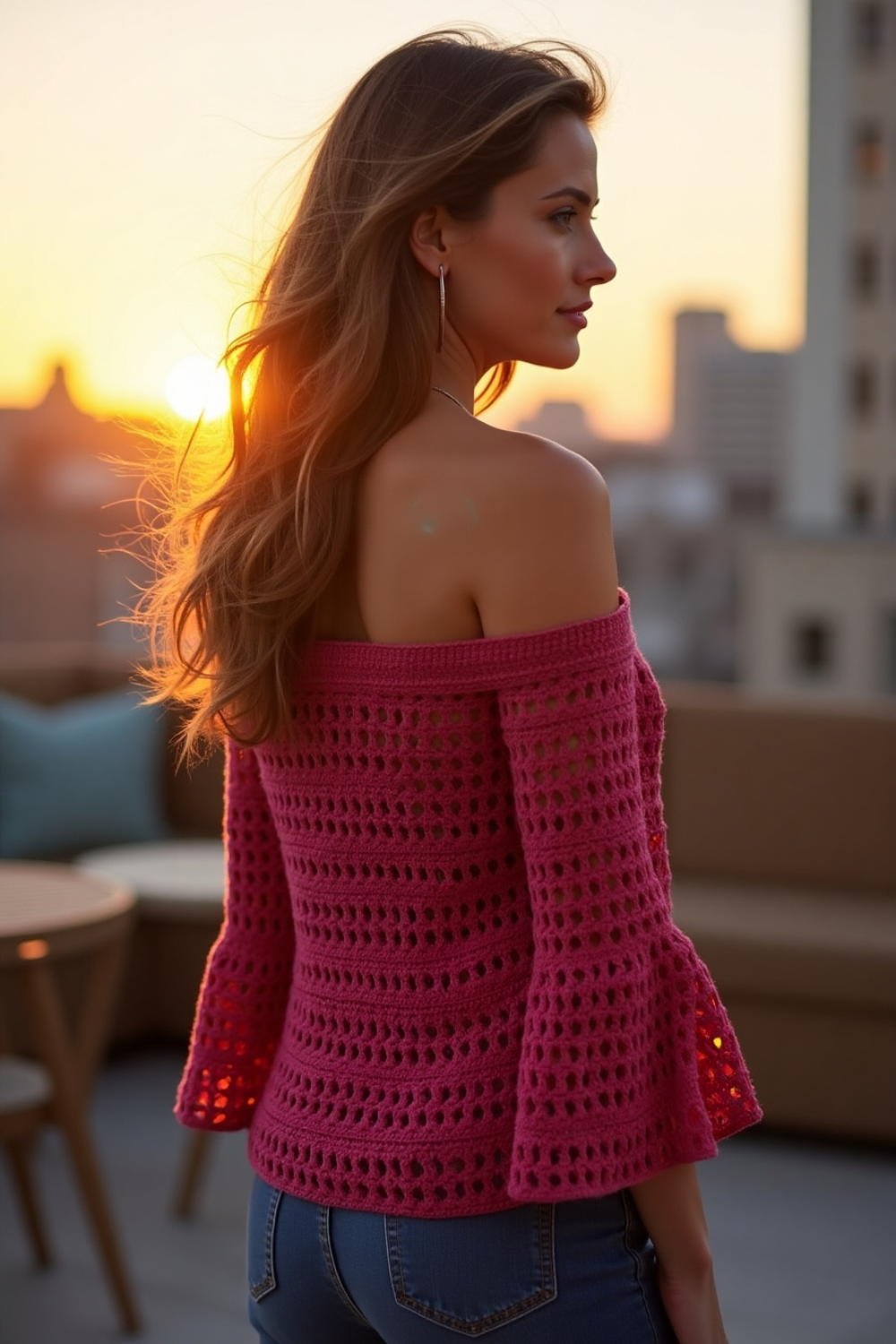 The evening is warm as you sip a colorful cocktail on a rooftop bar, watching the city lights begin to twinkle. Your off-shoulder crochet top makes a statement with its elegant drape and subtle sparkle. The cotton-silk blend in deep raspberry catches golden hour light perfectly, while the loose neckline showcases sun-kissed shoulders.