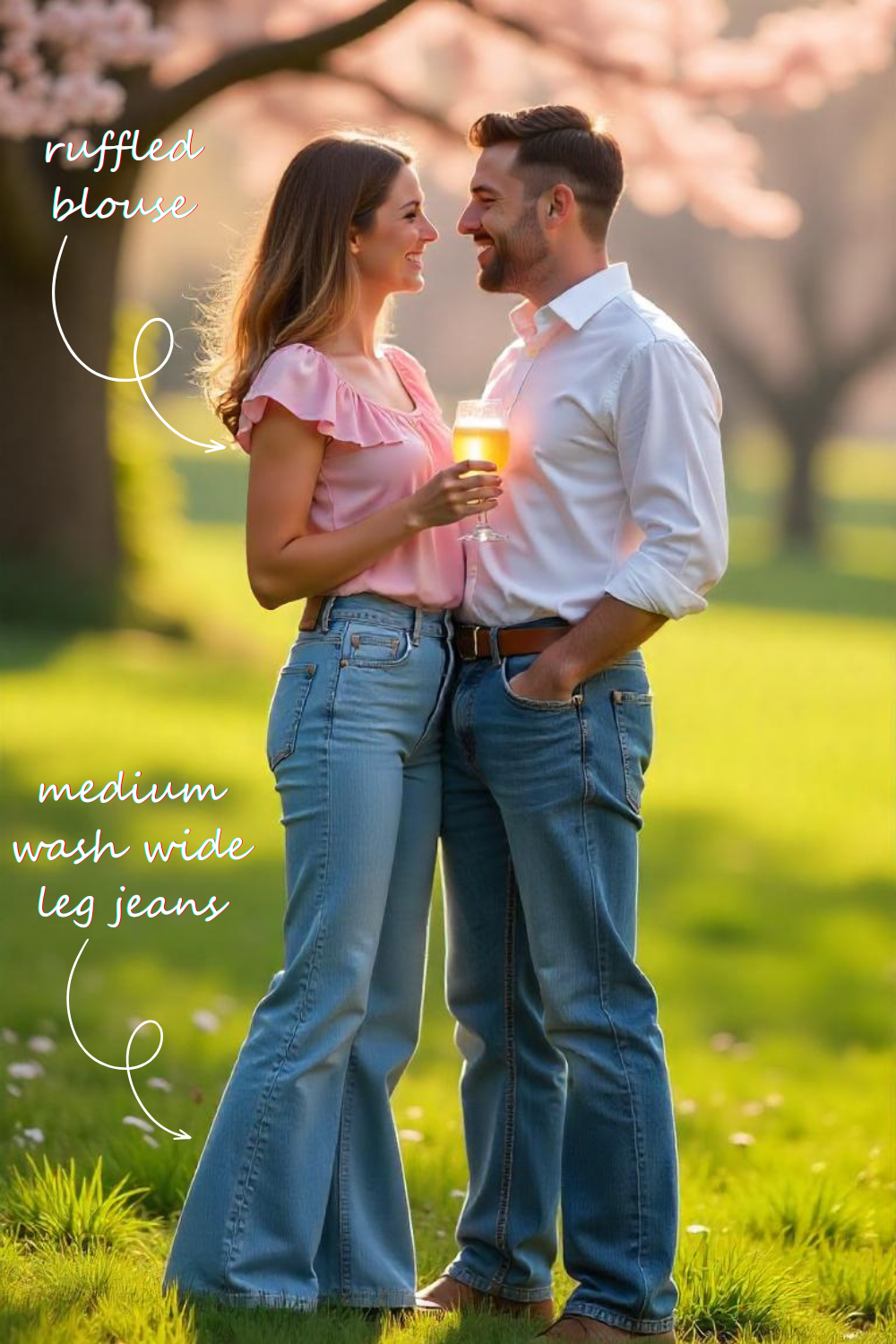 The sun is filtering through cherry blossoms as you meet your date for an afternoon picnic. Your wide-leg jeans are the perfect contrast to your feminine ruffled blouse, creating that magical balance between soft and structured. As you laugh and sip lemonade, your outfit perfectly captures that springtime romance feeling!