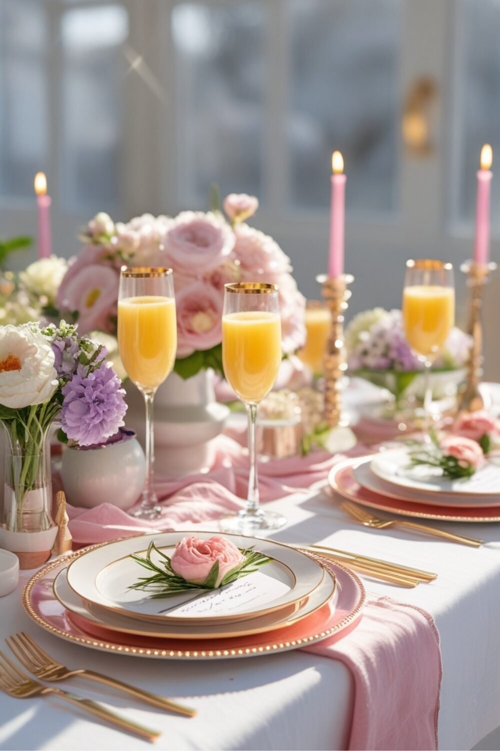 A bright and airy brunch setup with soft pastel florals, elegant gold-rimmed plates, and fresh fruit mimosas sparkling in the sunlight. The table is adorned with linen napkins, delicate candles, and a DIY flower arrangement as the perfect centerpiece. Everything feels warm, inviting, and picture-perfect for celebrating Mom!