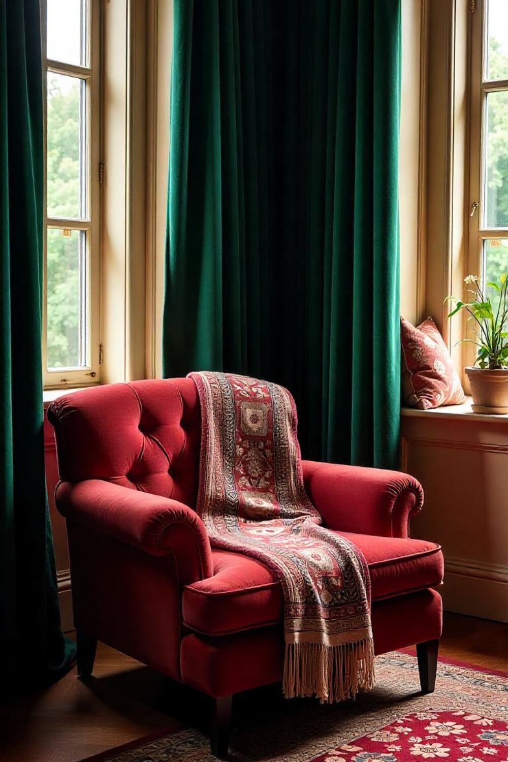 A plush velvet armchair sits in the corner, draped with an embroidered tapestry throw. Heavy floor-length curtains in deep emerald and burgundy frame a tall window, filtering in soft, golden light. The entire space feels warm, layered, and full of texture, reminiscent of an old-world study where nobility once gathered to discuss philosophy and poetry.