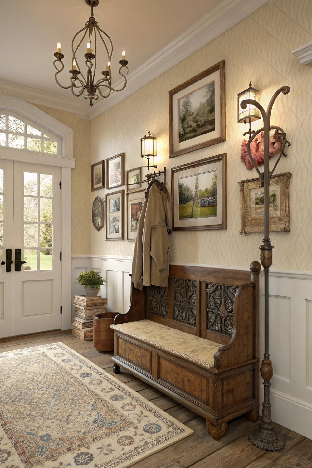 A charming entryway adorned with antique picture frames, an old-fashioned coat rack, and a repurposed wooden bench with delicate carvings.