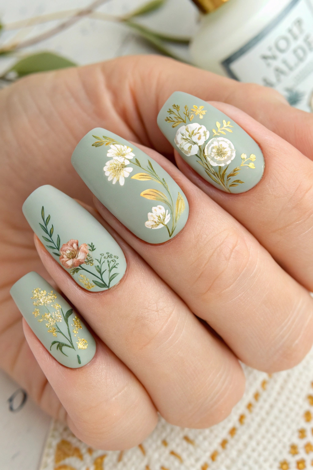 A muted sage green or dusty blue base with antique-style floral decals. The flowers are painted in soft cream, blush, and pale yellow, giving a vintage botanical aesthetic.