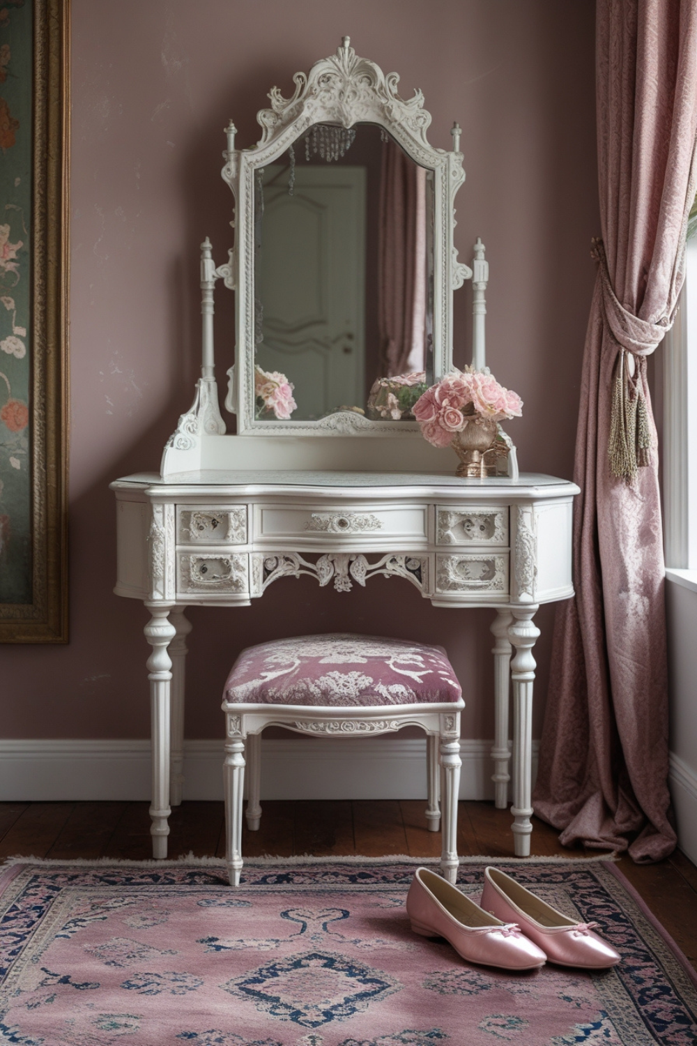 A dusty rose Persian rug sits beneath an ornate white dressing table, its intricate patterns adding depth and vintage character to the room. A pair of ballet slippers rest nearby.
