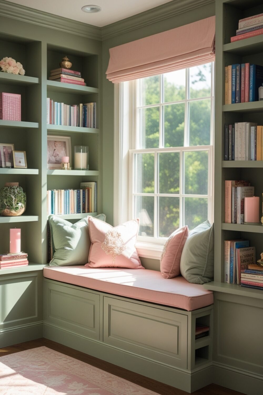 Set up a sunny window seat with built-in bookshelves which serves as both a cozy reading spot and a hidden book storage area. Create it such that the cushioned bench can lift up to reveal hidden compartments filled with books, while the surrounding shelves hold a mix of novels, candles, and personal treasures. The natural light creates a warm, inviting atmosphere that makes this the perfect secret library corner.