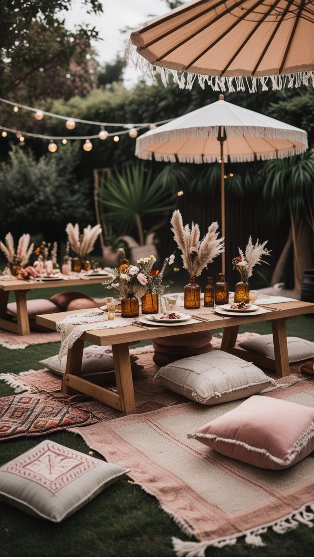 Low wooden tables set atop woven rugs, with scattered cushions and poufs for seating. Think earthy tones mixed with blush pinks, wildflowers in amber glass bottles, and fringe parasols overhead. The air smells like eucalyptus and citrus, and there's a soft acoustic playlist humming in the background.