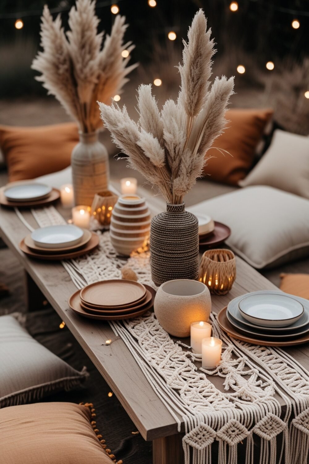 An outdoor setup with a low wooden table, surrounded by cozy floor cushions in muted earth tones. A macramé table runner drapes over the table, adorned with a mix of ceramic and wooden plates in neutral shades. Dried pampas grass in textured vases adds a dreamy, desert-inspired touch. The warm glow of fairy lights and scattered tealight candles creates an intimate, bohemian ambiance.
