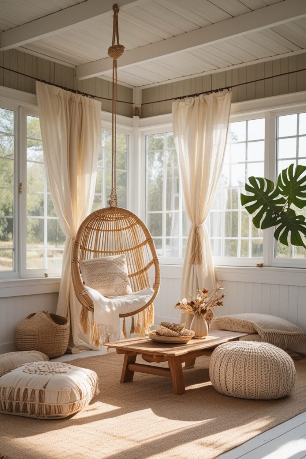 A sun-drenched space with whitewashed floors, layered jute rugs, and a hanging rattan chair that sways in the breeze. Floor cushions and poufs are scattered around a low wood coffee table topped with dried florals. Light curtains billow at the windows, and a monstera plant peeks out from the corner. It's the ultimate sunshine sanctuary.