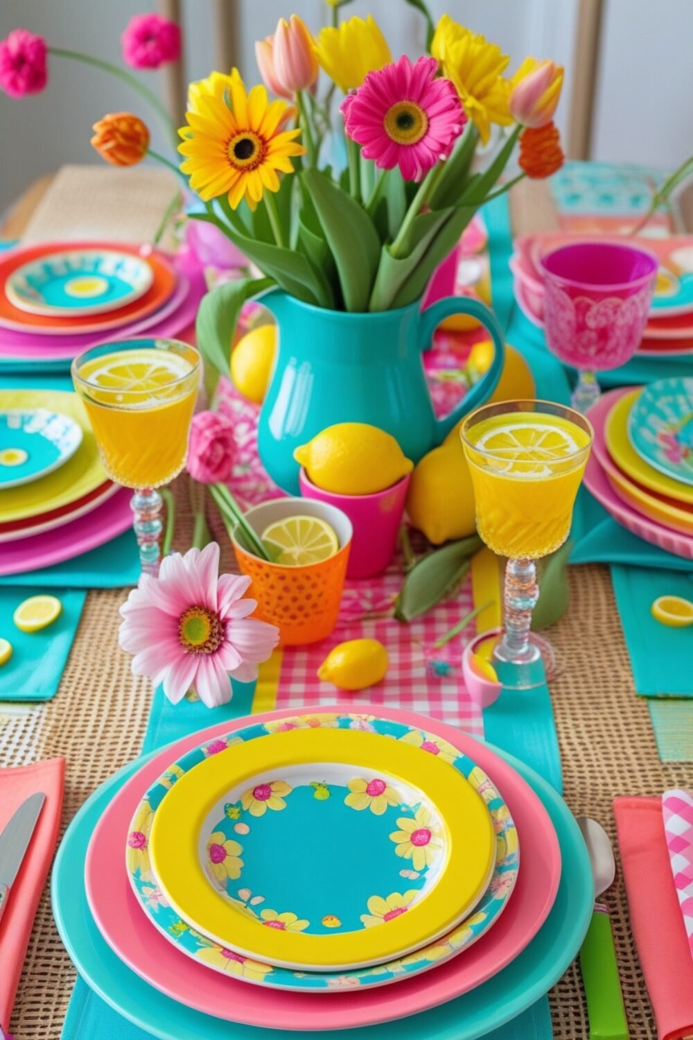 A vibrant table bursting with color—sunflower yellow, coral pink, and bright turquoise. A gingham table runner adds a playful touch, while colorful ceramic plates stack neatly on woven placemats. Fresh daisies and tulips fill a pitcher in the center, surrounded by lemon-filled glasses and pastel-hued napkins.
