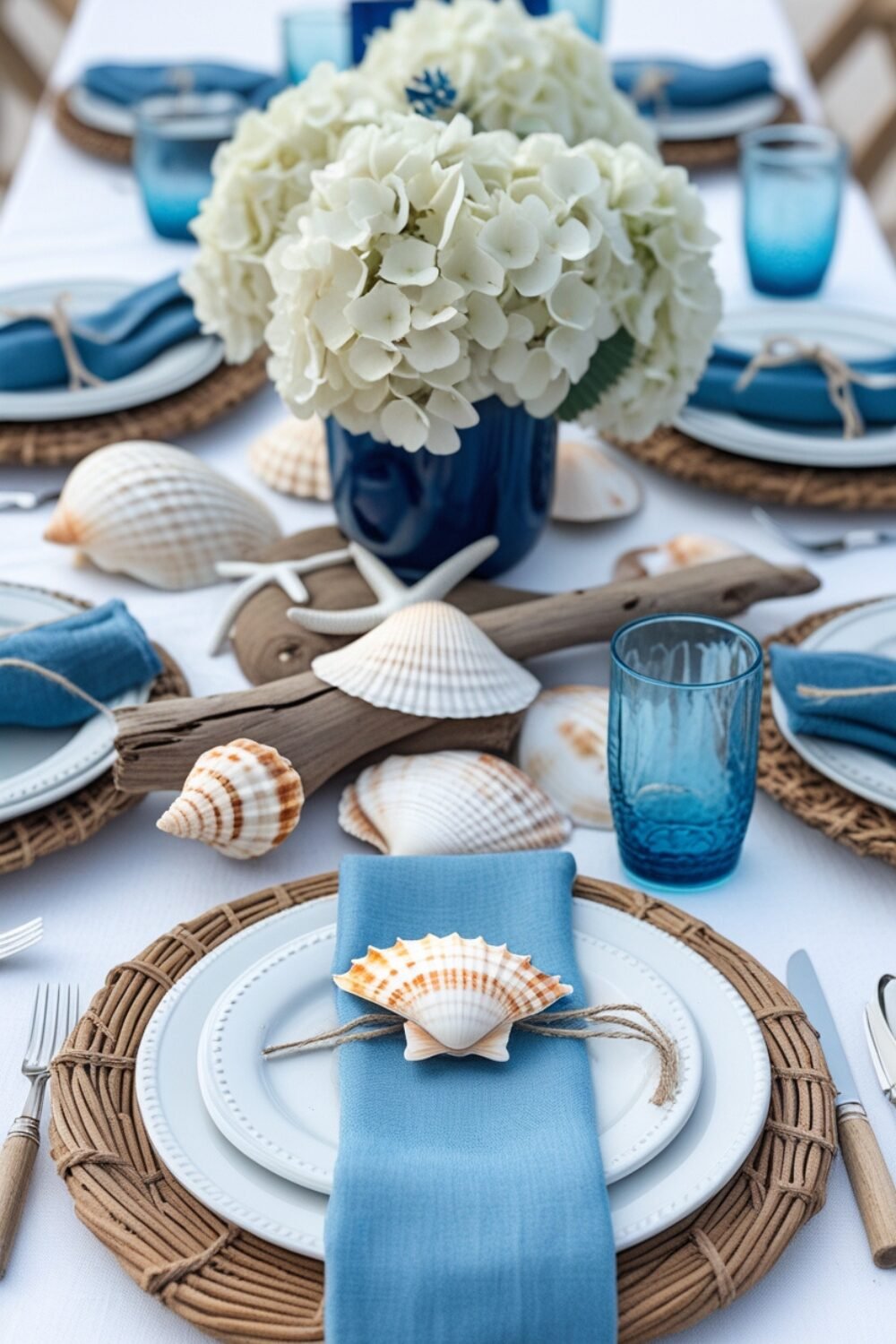 A seaside tablescape with a crisp white linen tablecloth, accented with navy and sky-blue details. Seashells and driftwood are arranged along the center, framing a vase filled with white hydrangeas. Wicker chargers and ocean-blue glassware add coastal charm, while soft linen napkins tied with twine complete the breezy, beachy aesthetic.