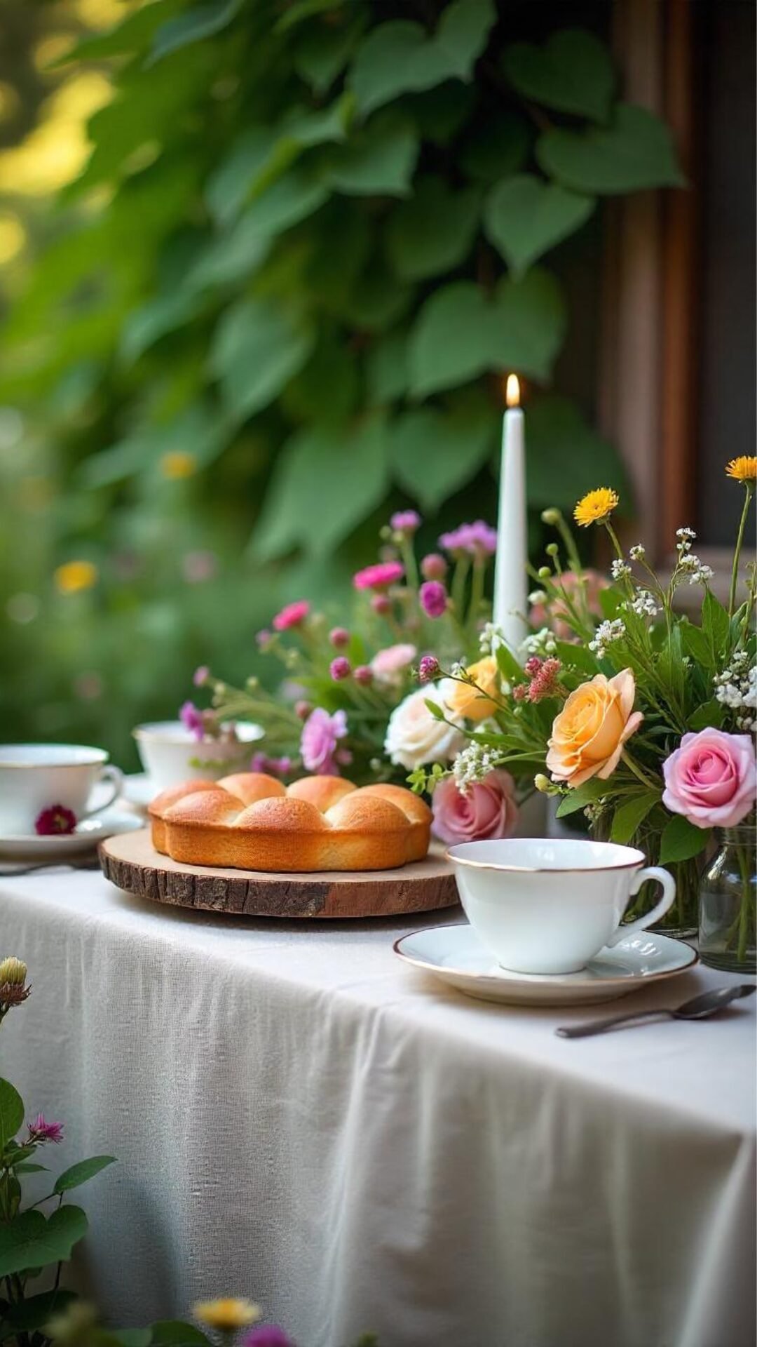 Vintage linens, embroidered napkins, floral cakes, and handmade decor set among climbing ivy and garden blooms. Everything feels slow, simple, and romantic—like living in a storybook.