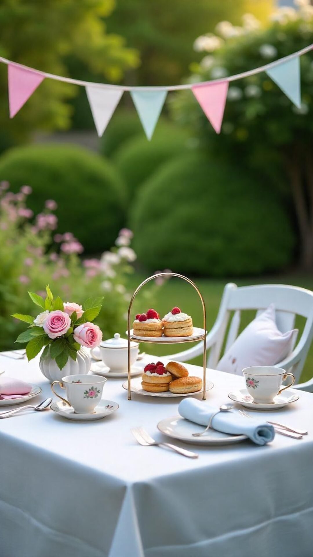 A crisp white tablecloth, dainty floral china, three-tiered trays filled with scones and mini sandwiches, and pastel bunting fluttering in the breeze. The table is framed by rose bushes in bloom, and guests sip tea from vintage cups with pinky fingers up. It's the definition of elegant charm.